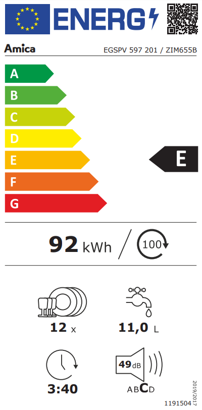 Egy mosogatógép energia címkéje, amely az E energiahatékonysági osztályt mutatja, és a következő specifikációkat: 92 kWh/100 ciklus.