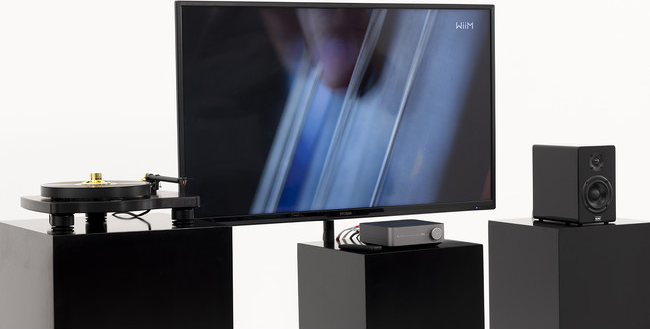 Un giradischi, schermo TV e un altoparlante su supporti neri.