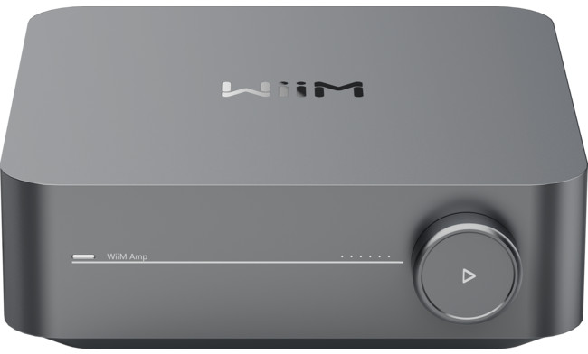 Wiim Amp grigio con quadrante rotondo. Testo in alto: Wiim.