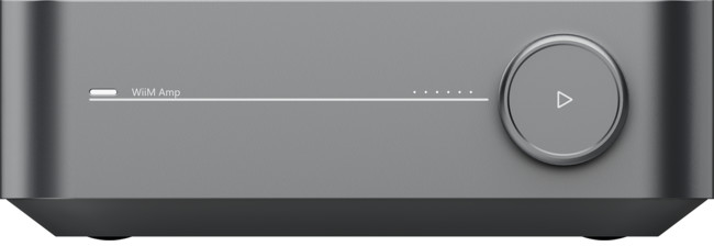 Wiim Amp grigio con pulsante di controllo rotondo e linea bianca con punti, il nome Wiim Amp è visibile.
