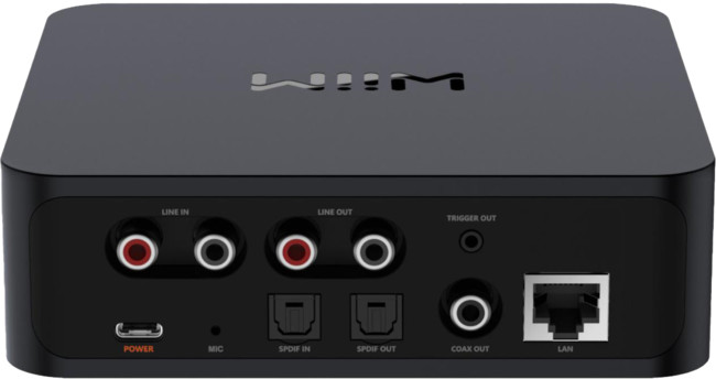 Rückseite eines schwarzen Audiogeräts mit Eingängen wie Line In/Out und Anschlüssen wie LAN und Coax Out.