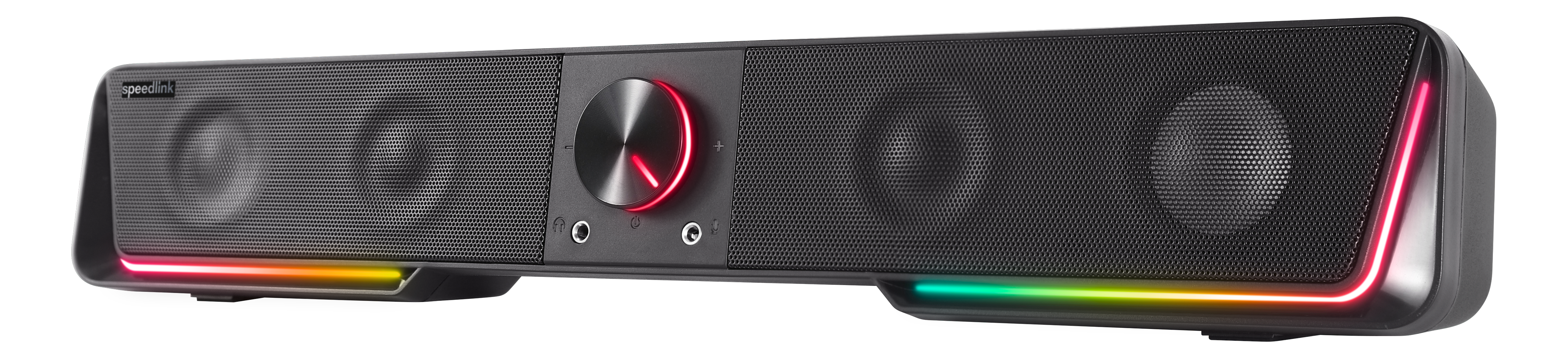 Schwarze Soundbar mit mehrfarbigen LED-Leuchten an den Enden. Die Mitte hat einen Lautstärkeregler.
