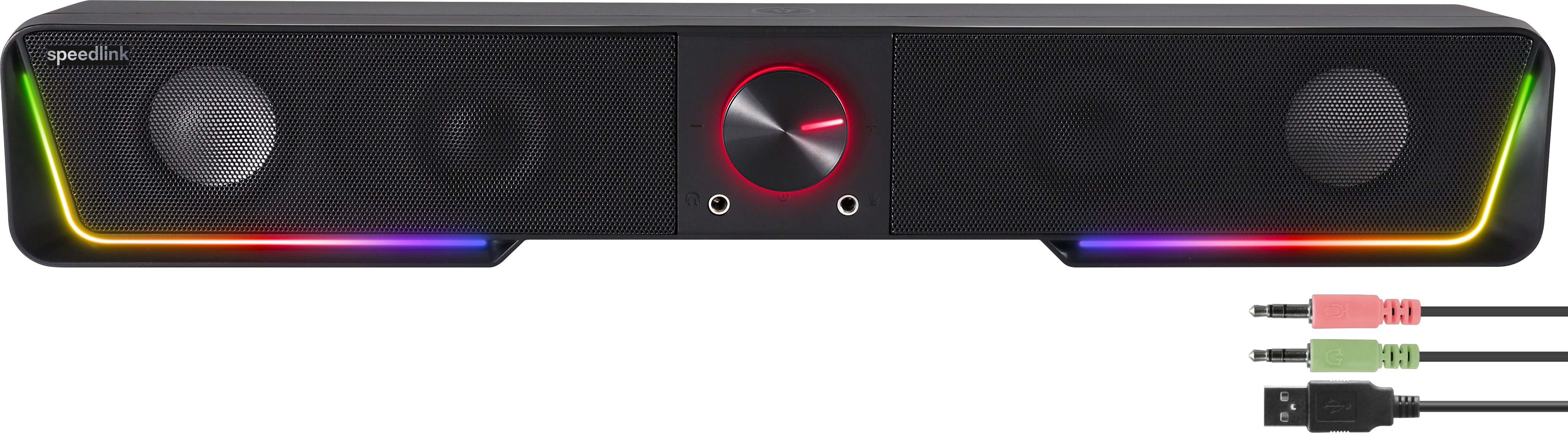 Eine schwarze Soundbar mit Bedienelementen und Kabeln, Marke Speedlink.