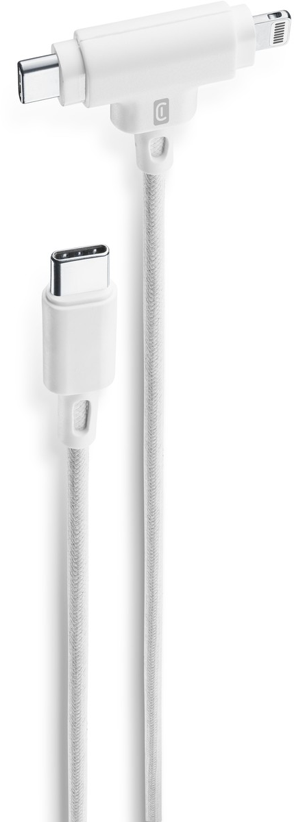 Ein weißes Ladekabel mit zwei USB-C-Anschlüssen und einem Lightning-Anschluss.