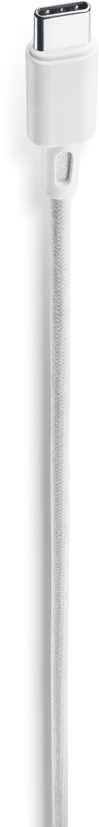 Weißes USB-C-Kabel mit weißem Gehäuse und Metallkopf auf weißem Hintergrund.