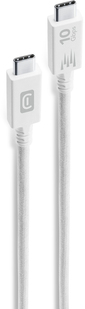 Weißes USB-C-Kabel mit dem Text 10 Gbps auf dem Stecker. Das Kabel ist weiß.