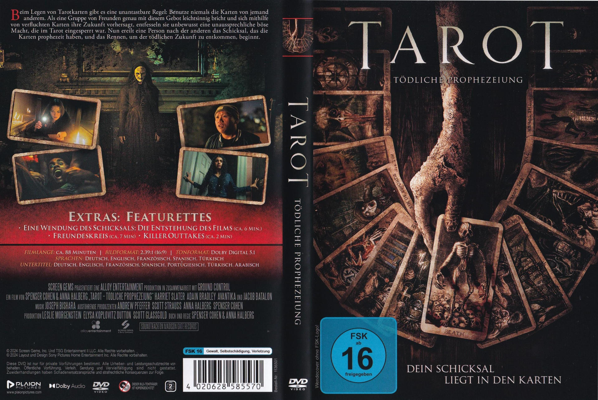 DVD-Cover für 'Tarot', zeigt Tarotkarten, eine schattenhafte Gestalt und Filmstills.