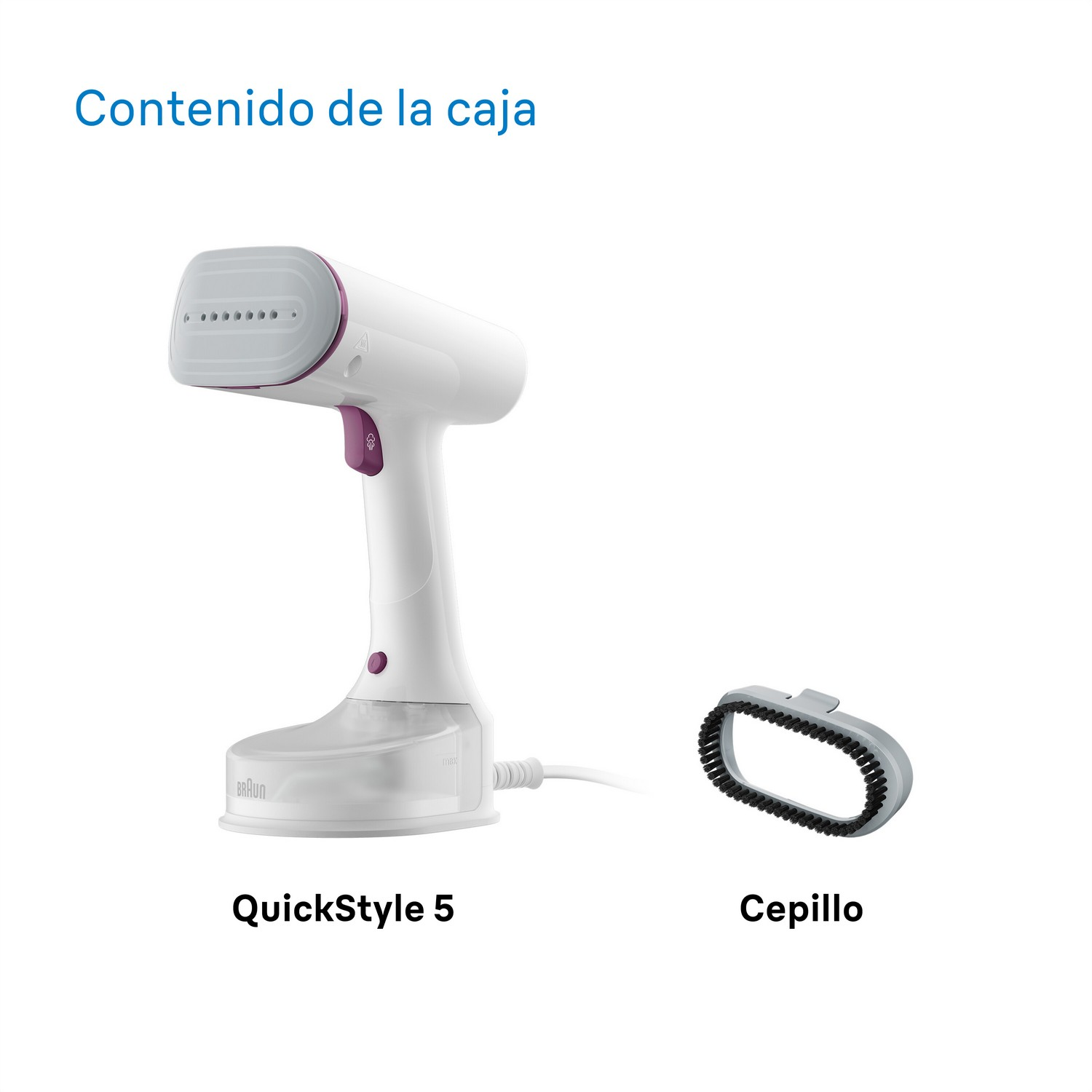Plancha de vapor blanca y morada, con accesorio de cepillo. Texto en español: 'Contenido de la caja'.
