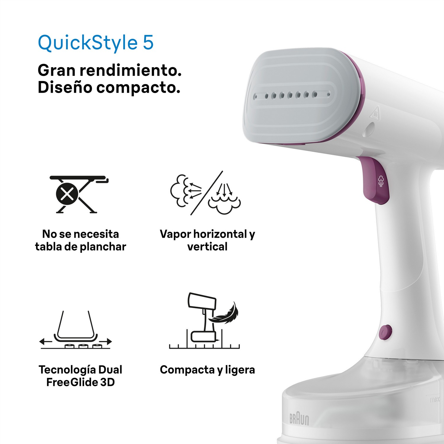 Un vaporizador de ropa blanco y morado. El texto y los iconos describen las funciones. Fondo blanco.