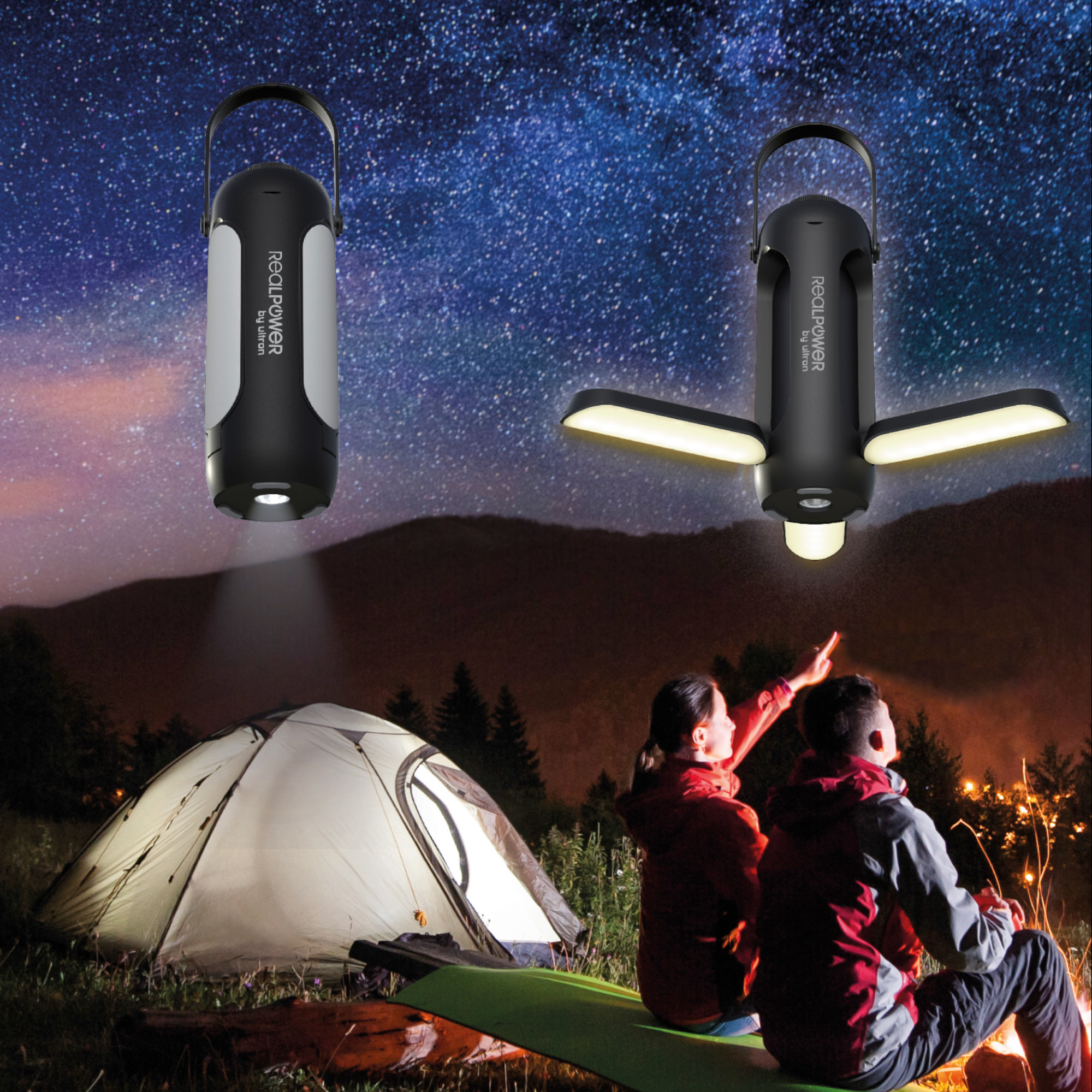 Zwei Laternen beleuchten einen Campingplatz bei Nacht mit Zelt und Personen.