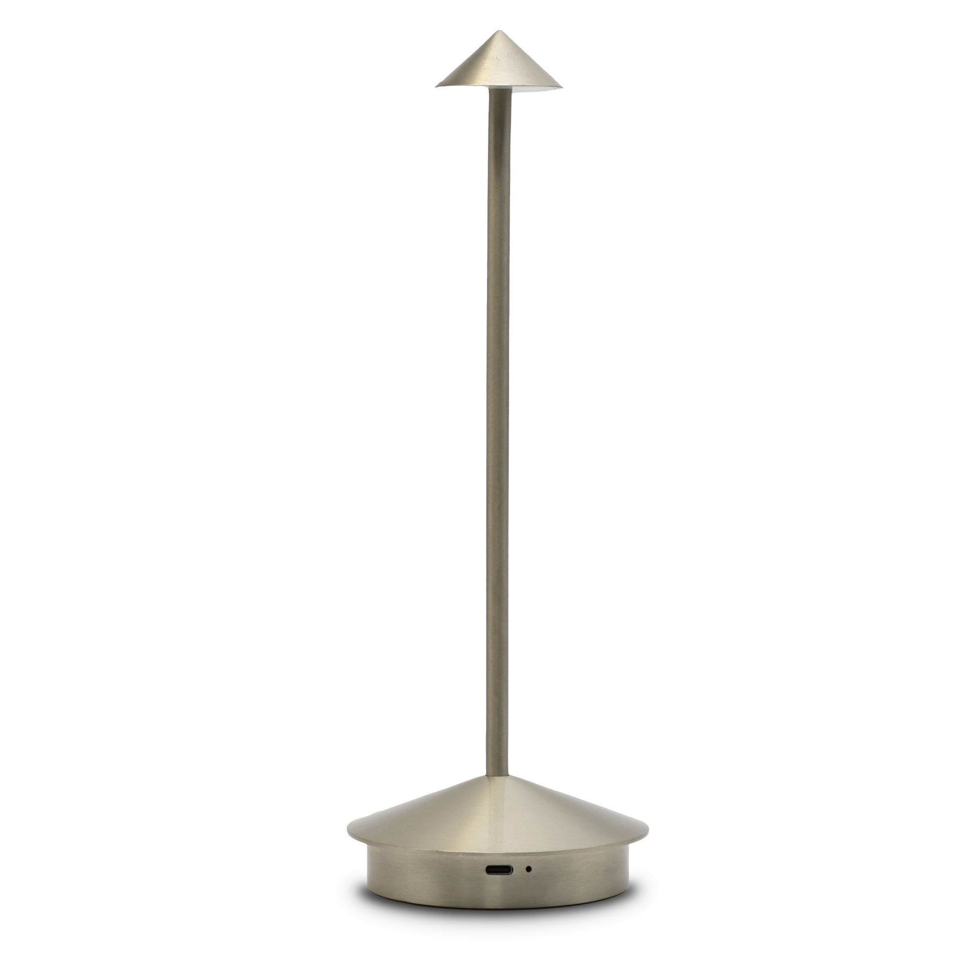 Eine Metalllampe mit konischem Sockel und einem dünnen Stiel mit kleinem Dreieck.