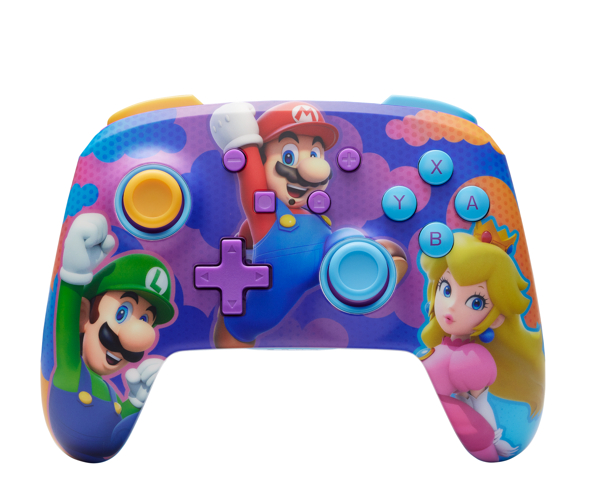 Mario, Luigi und Peach auf einem Gamecontroller. Blaue, lila und orange Farben.