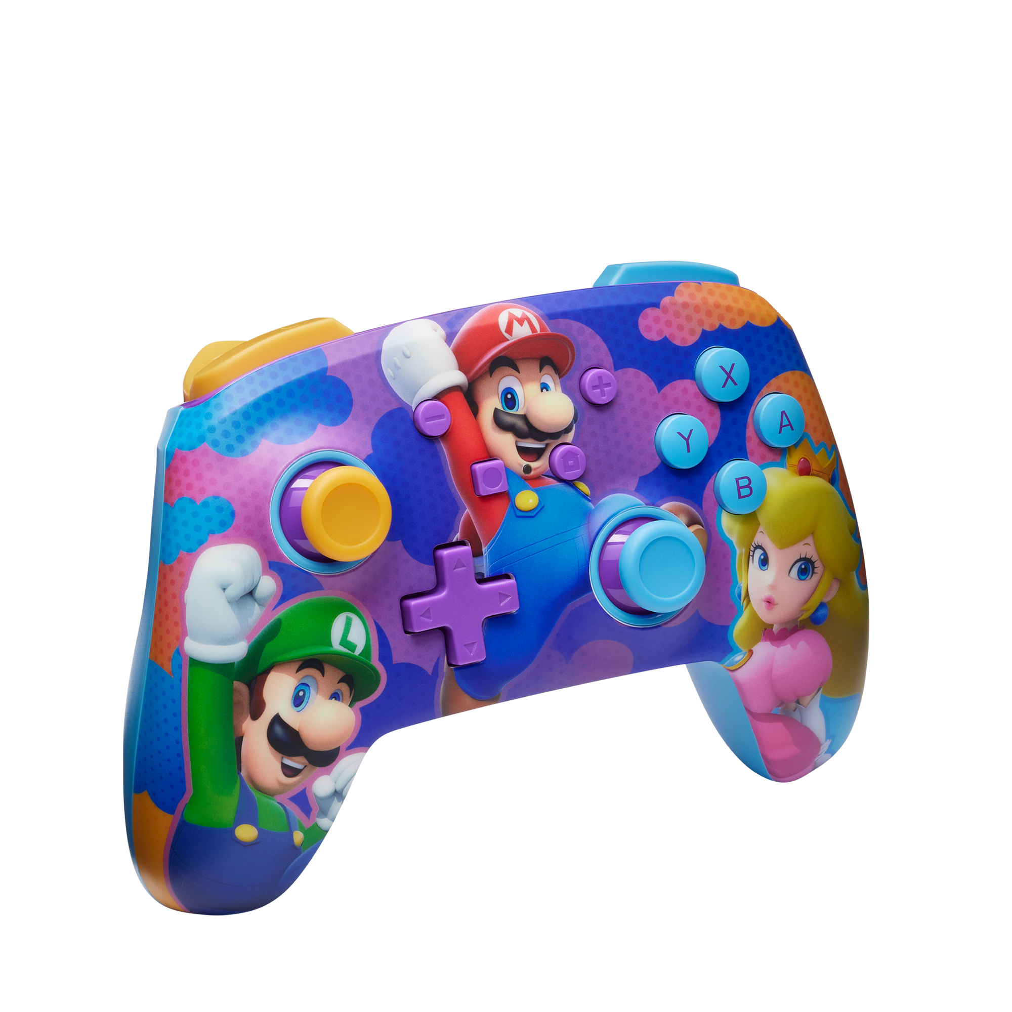 Bunter Videospiel-Controller mit Mario, Luigi und Peach.