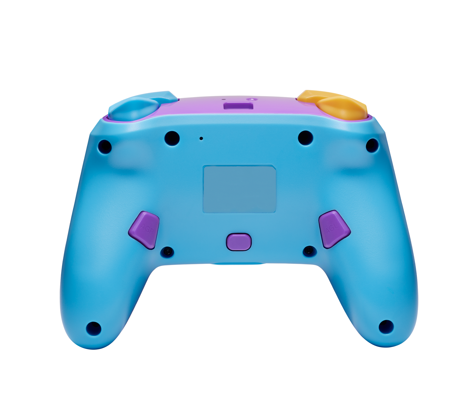 Ein blauer Game-Controller mit lila und gelben Tasten.