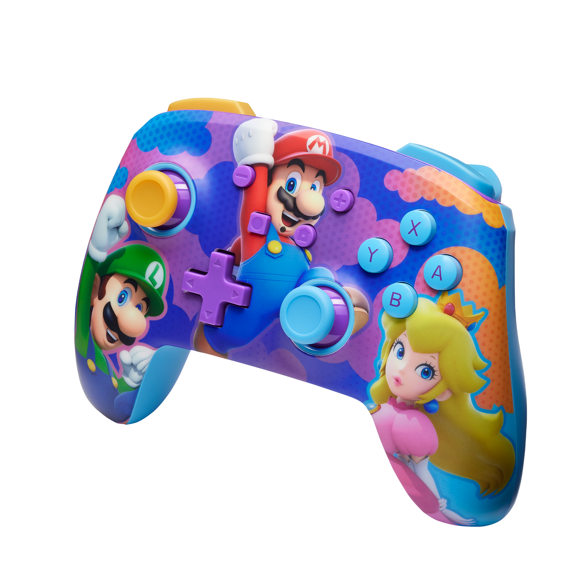 Ein bunter Nintendo Switch Controller mit Mario, Luigi und Peach darauf.