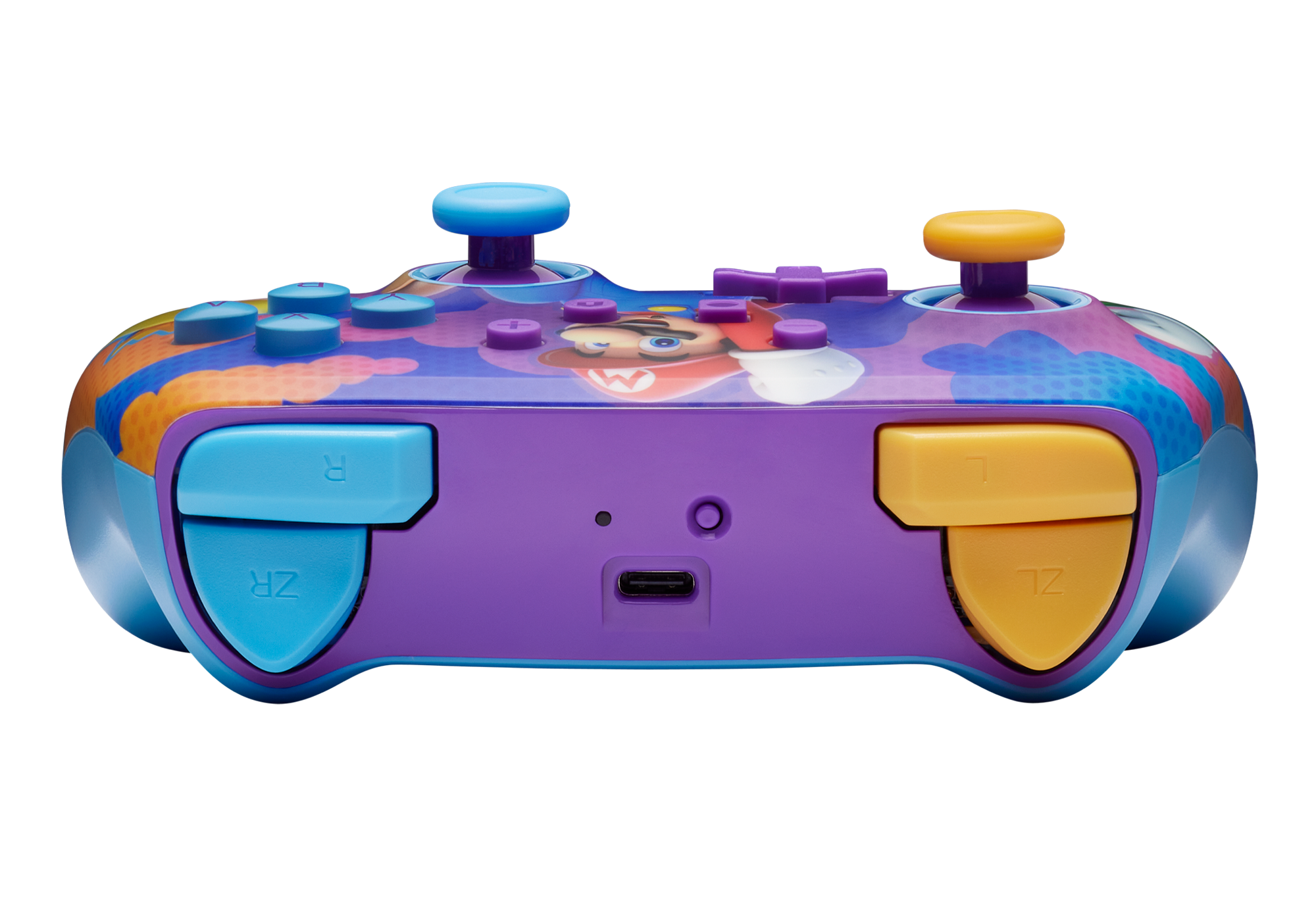 Ein bunter Nintendo Switch-Controller mit Mario-Artwork, auf schwarzem Hintergrund.