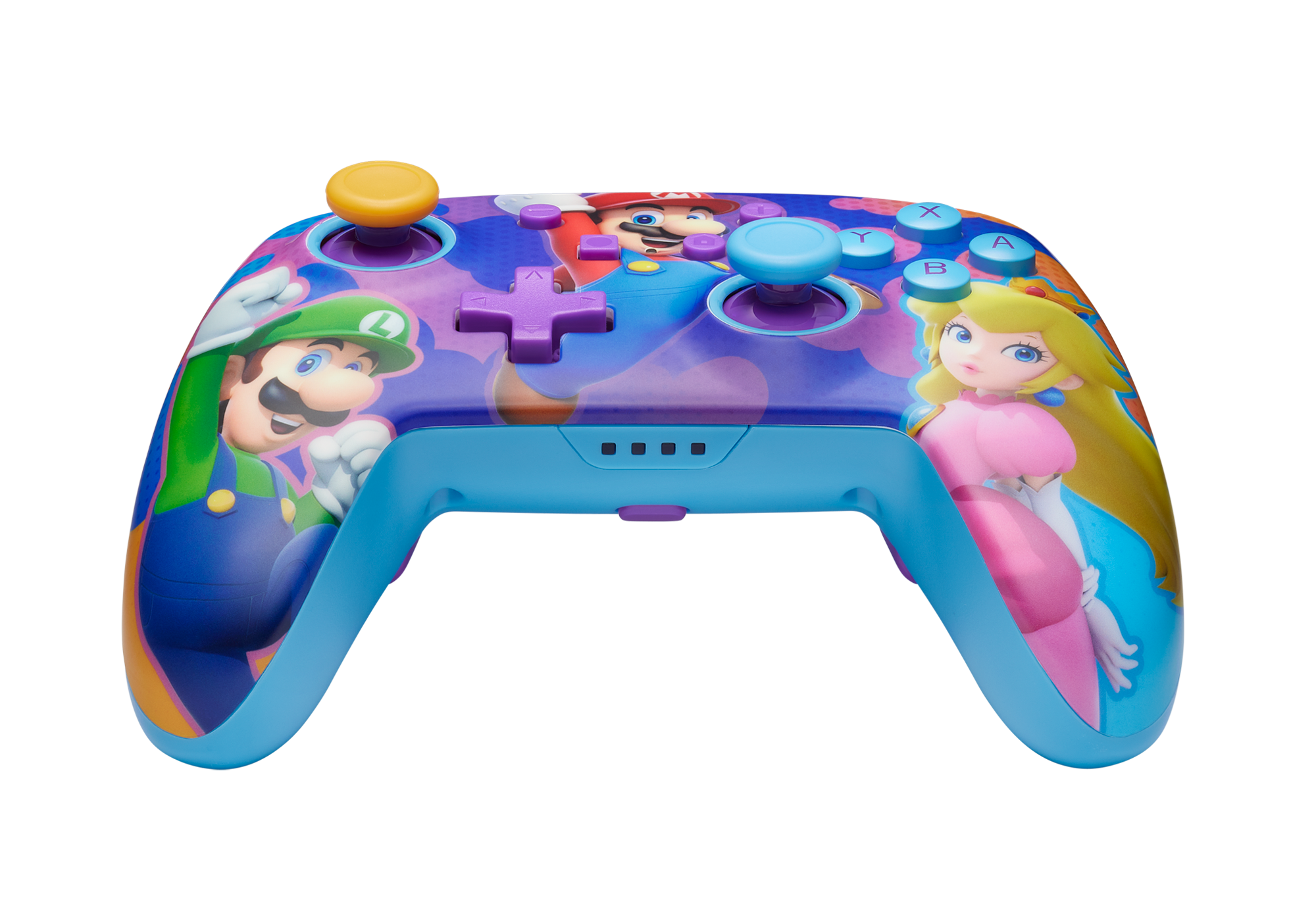 Ein bunter Gamecontroller mit Mario, Luigi und Peach-Grafiken auf schwarzem Hintergrund.