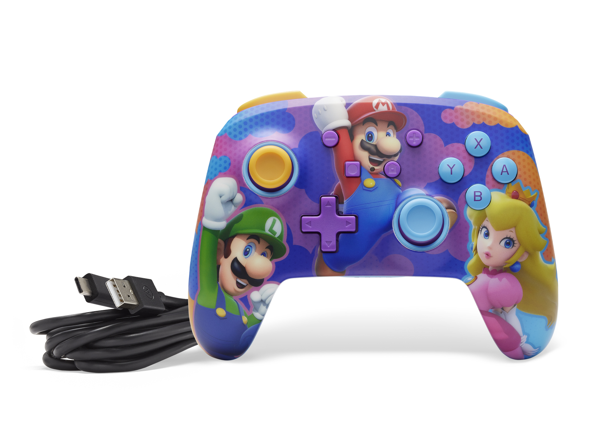 Ein farbenfroher Nintendo Switch-Controller mit Mario, Luigi und Peach.