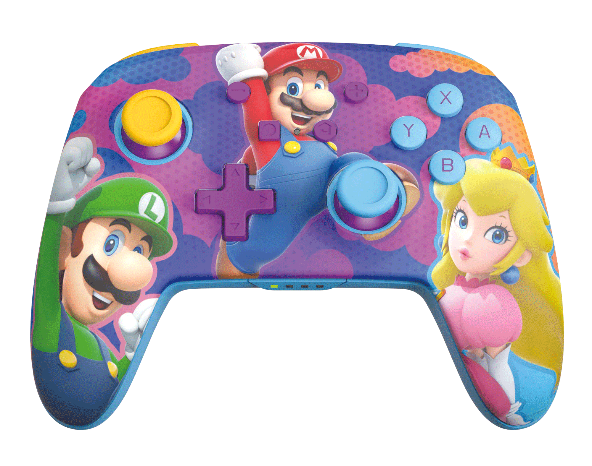 Ein bunter Nintendo Switch Controller mit Mario, Luigi und Peach.