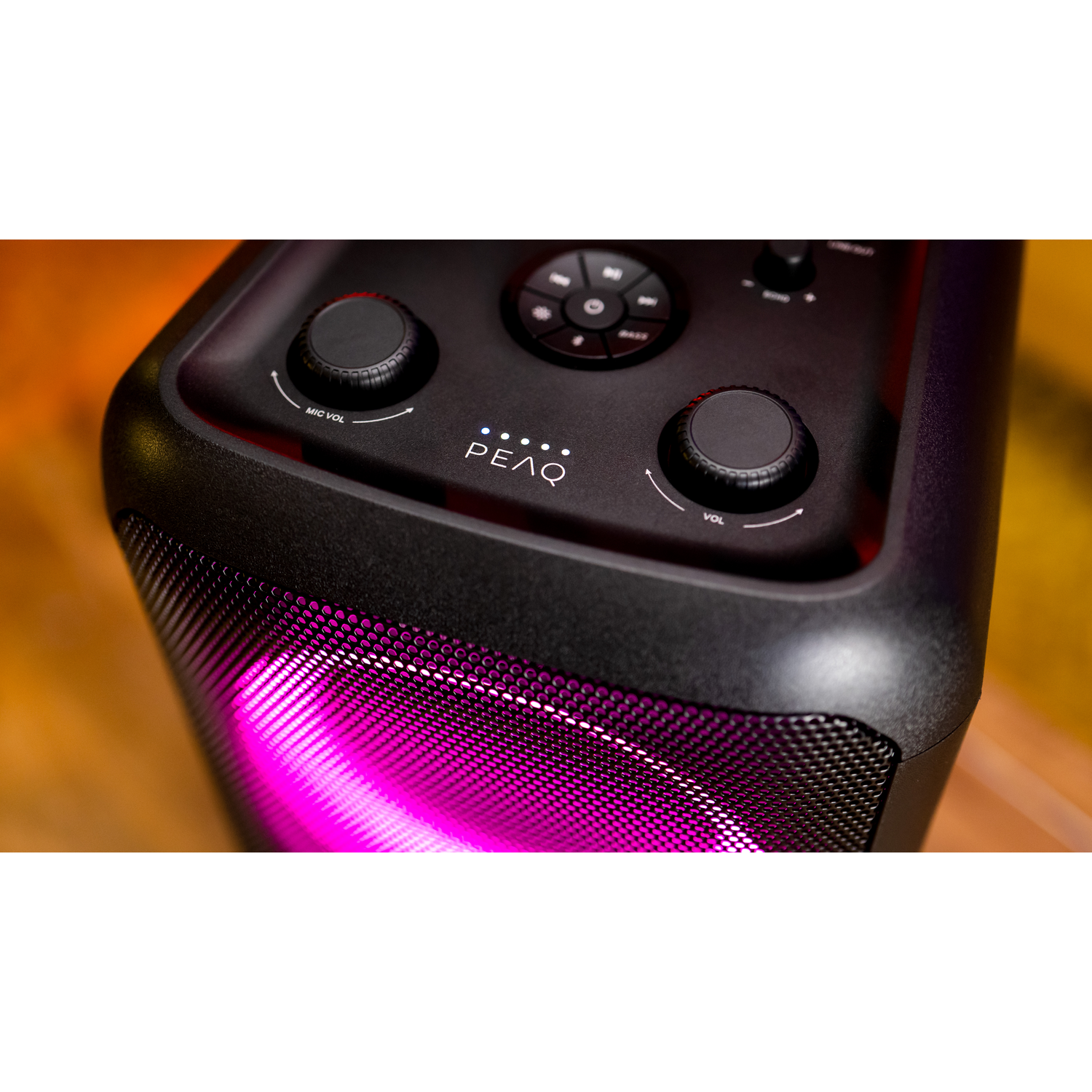 The top of a black speaker with controls for mic volume, bass, and overall volume.