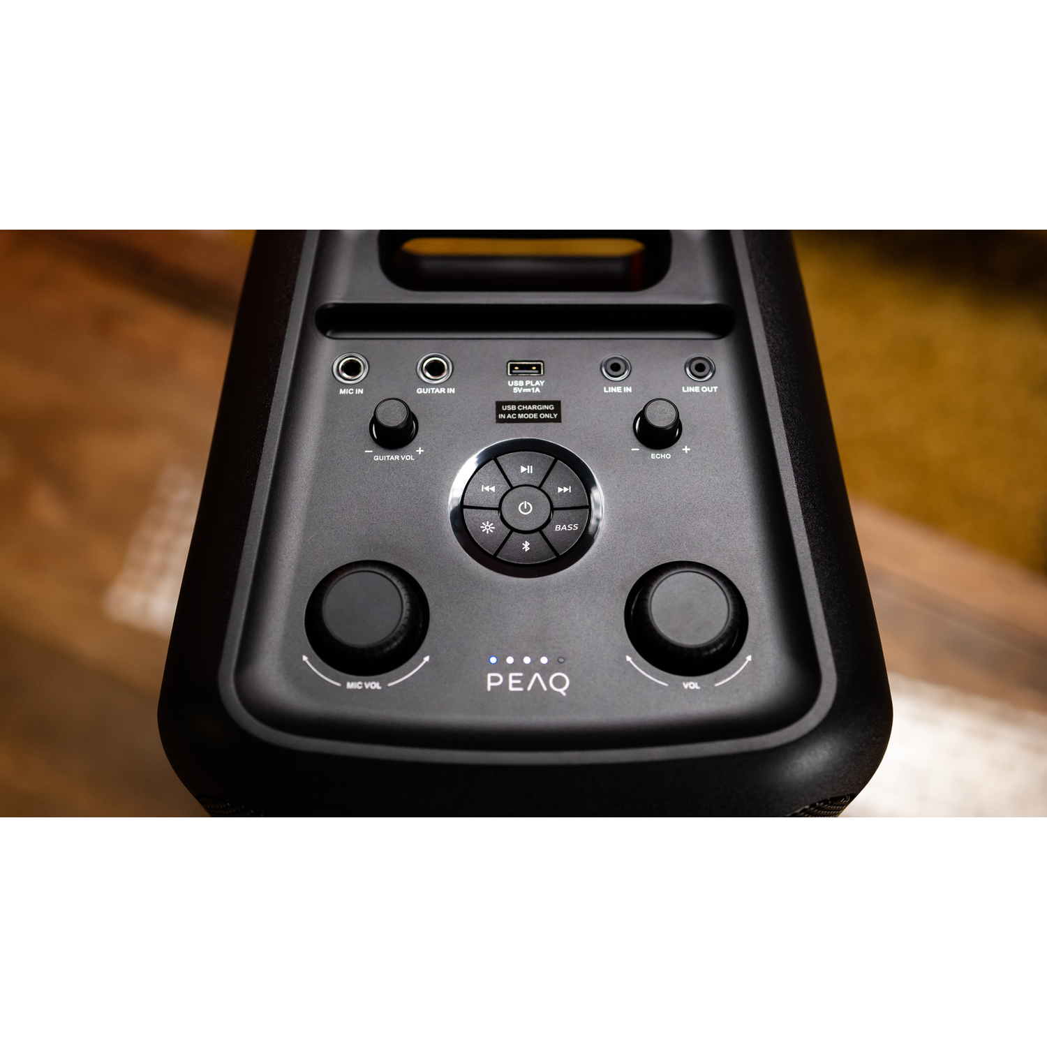 Black speaker control panel with buttons for volume and functions.