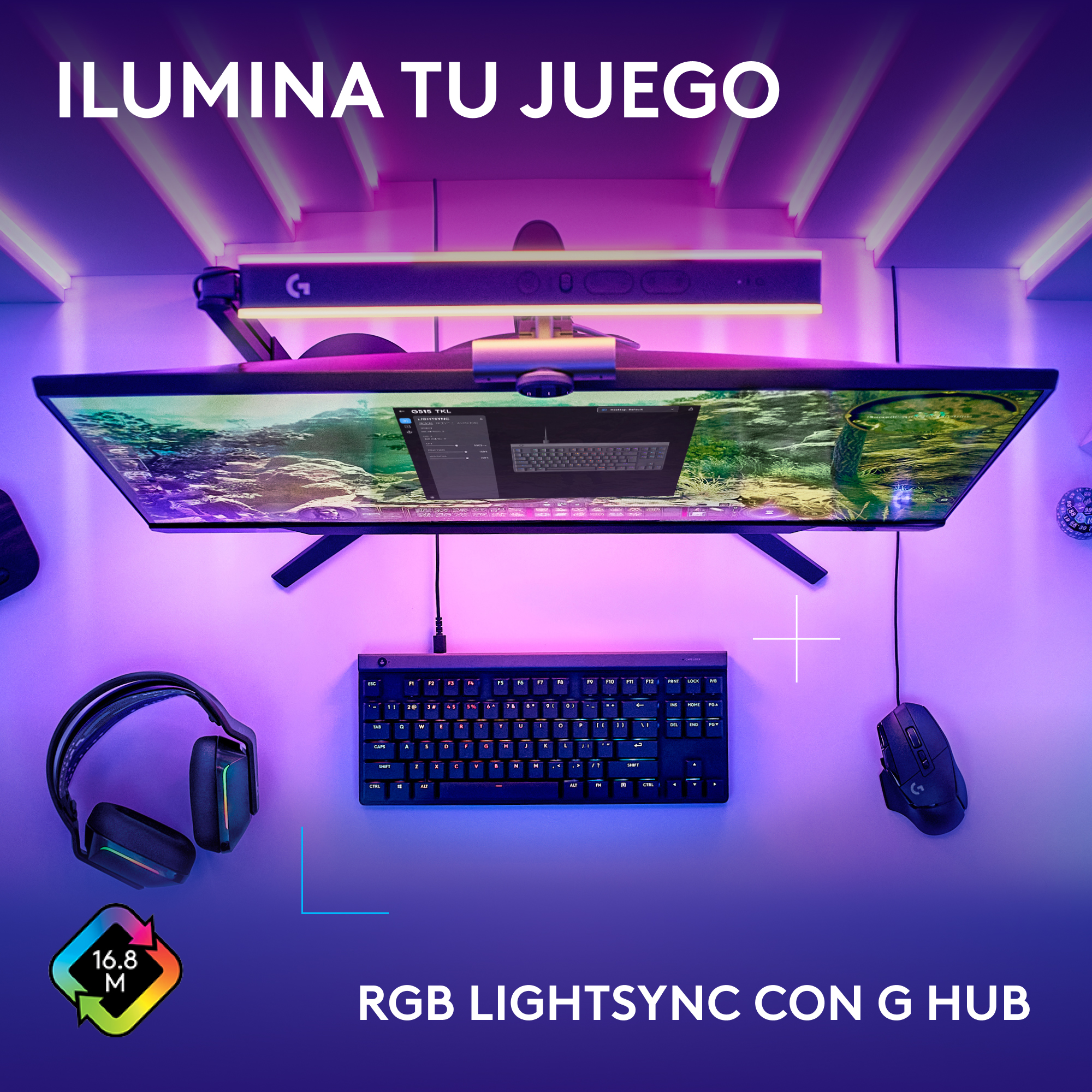 Configuración de juego con monitor, teclado, ratón, auriculares y una tira de luz arriba.