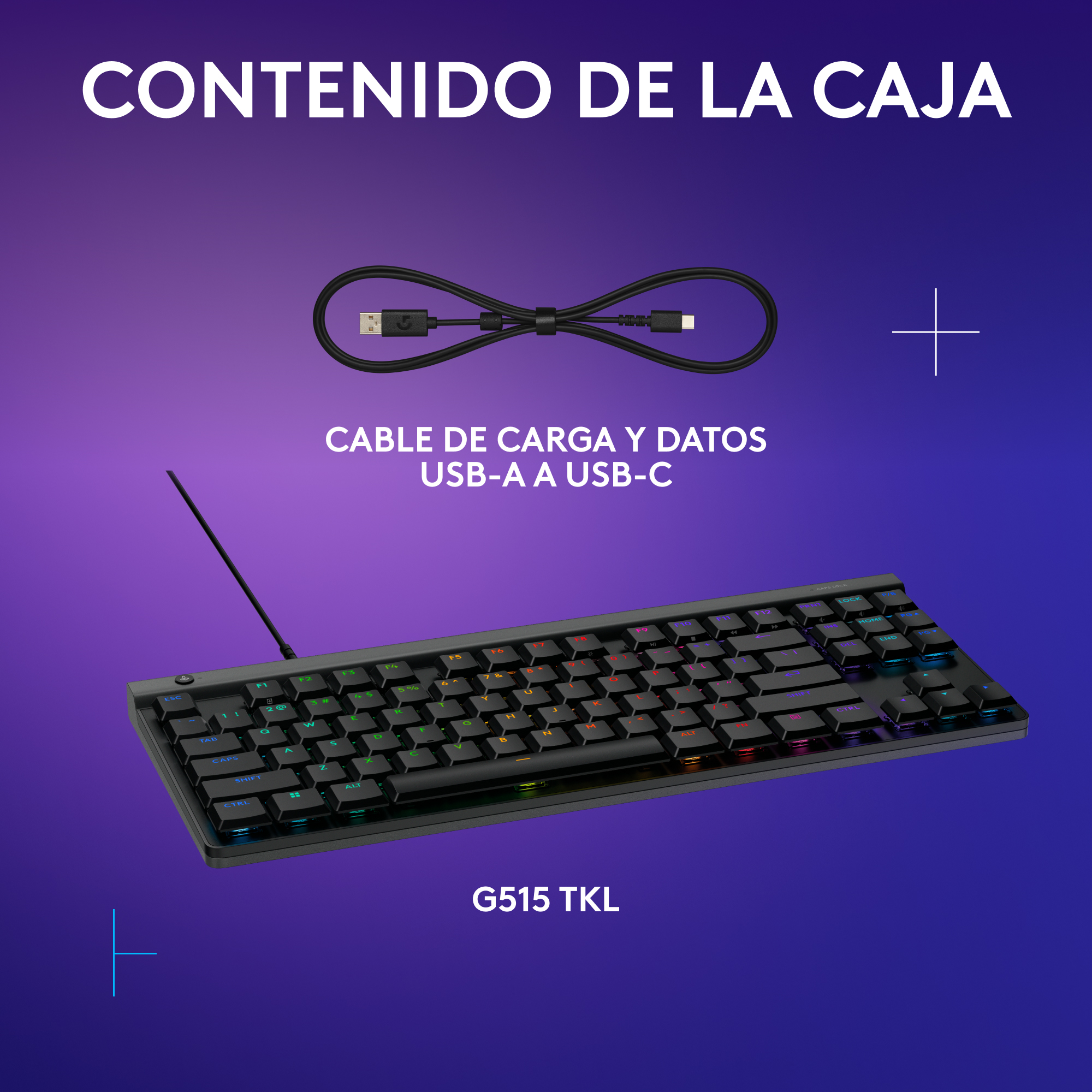 Teclado negro con teclas multicolores, cable USB y texto en un fondo degradado.