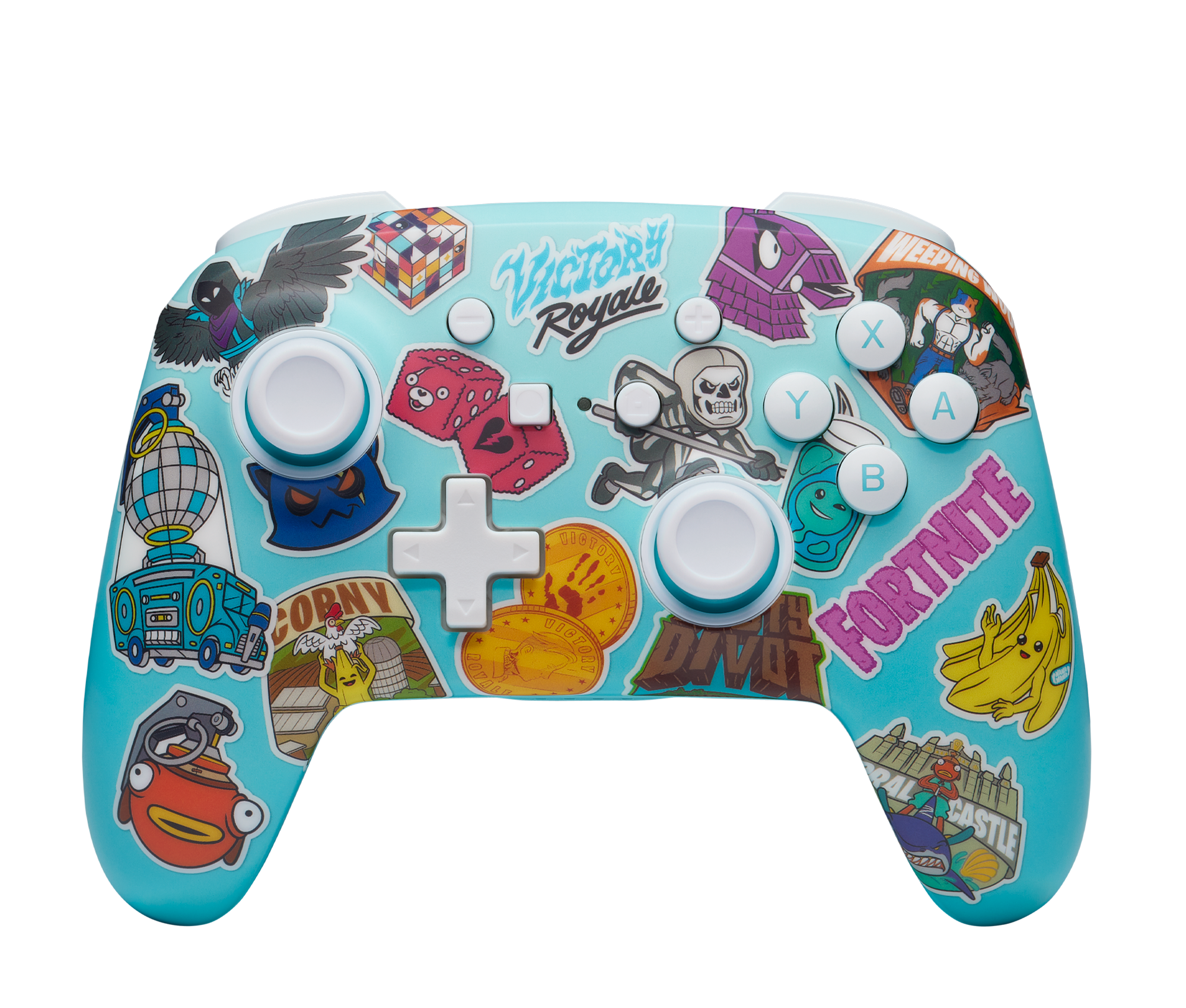 Hellblauer Fortnite-Gamecontroller, bedeckt mit verschiedenen bunten Aufklebern.
