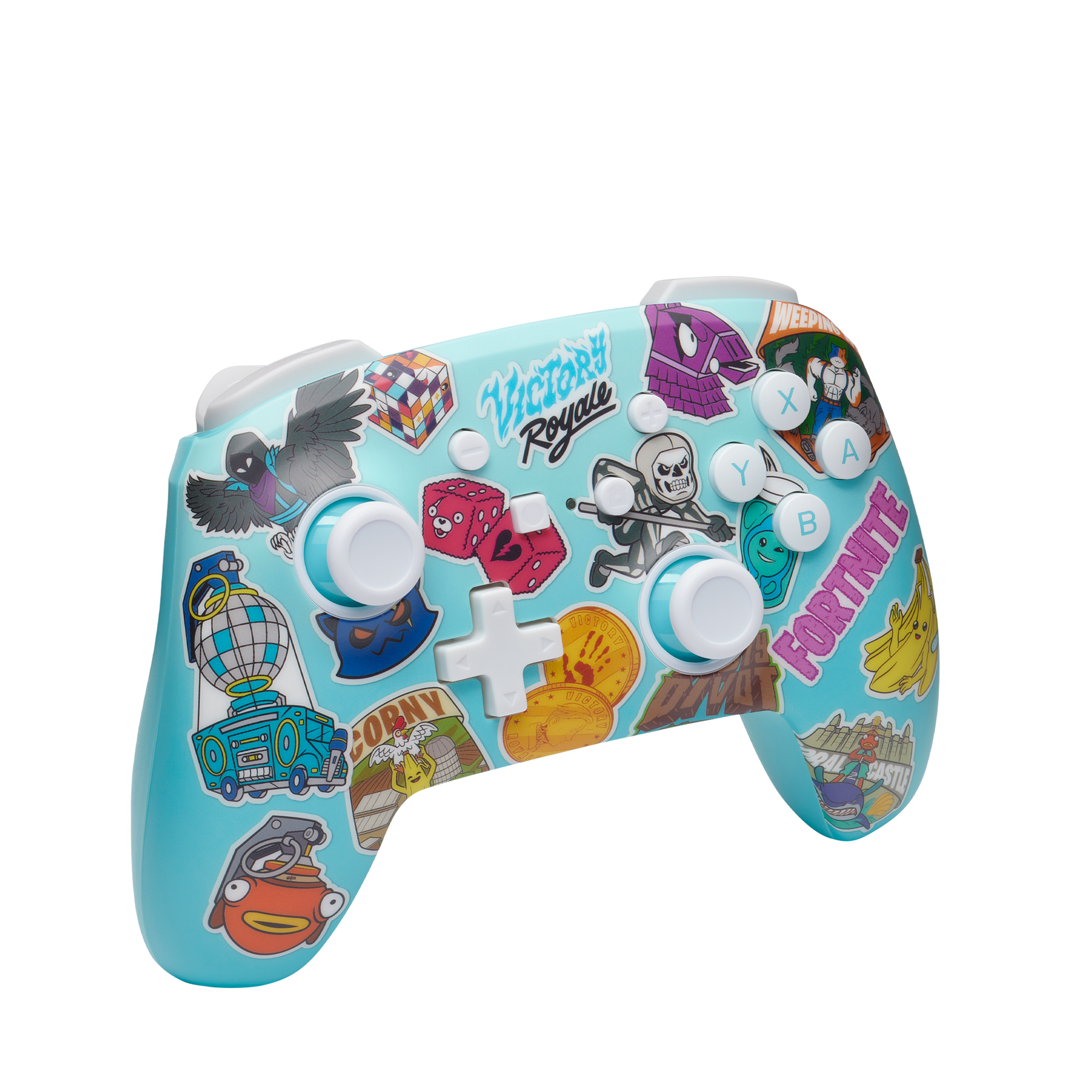 Ein hellblauer Fortnite-Gamecontroller mit verschiedenen bunten Spielcharakter-Aufklebern.