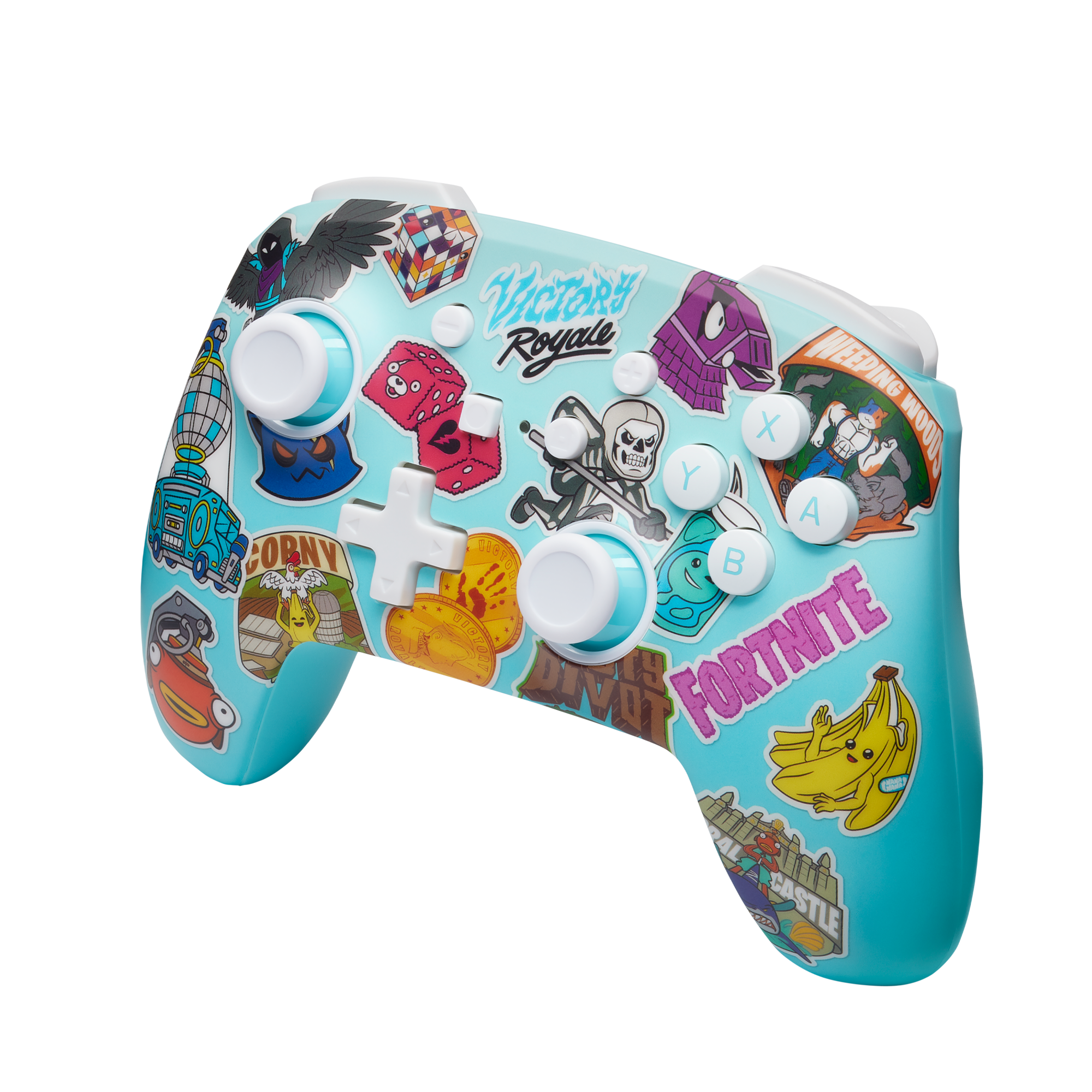 Ein blauer Gaming-Controller mit Aufklebern verziert. Knöpfe und Joysticks sind sichtbar.