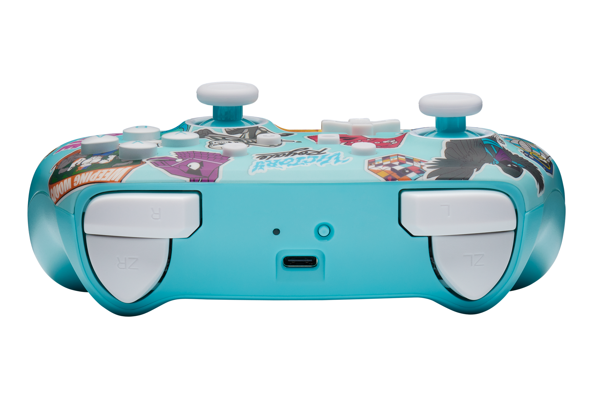 Ein hellblauer Gamecontroller mit weißen Knöpfen und bunten Grafiken.