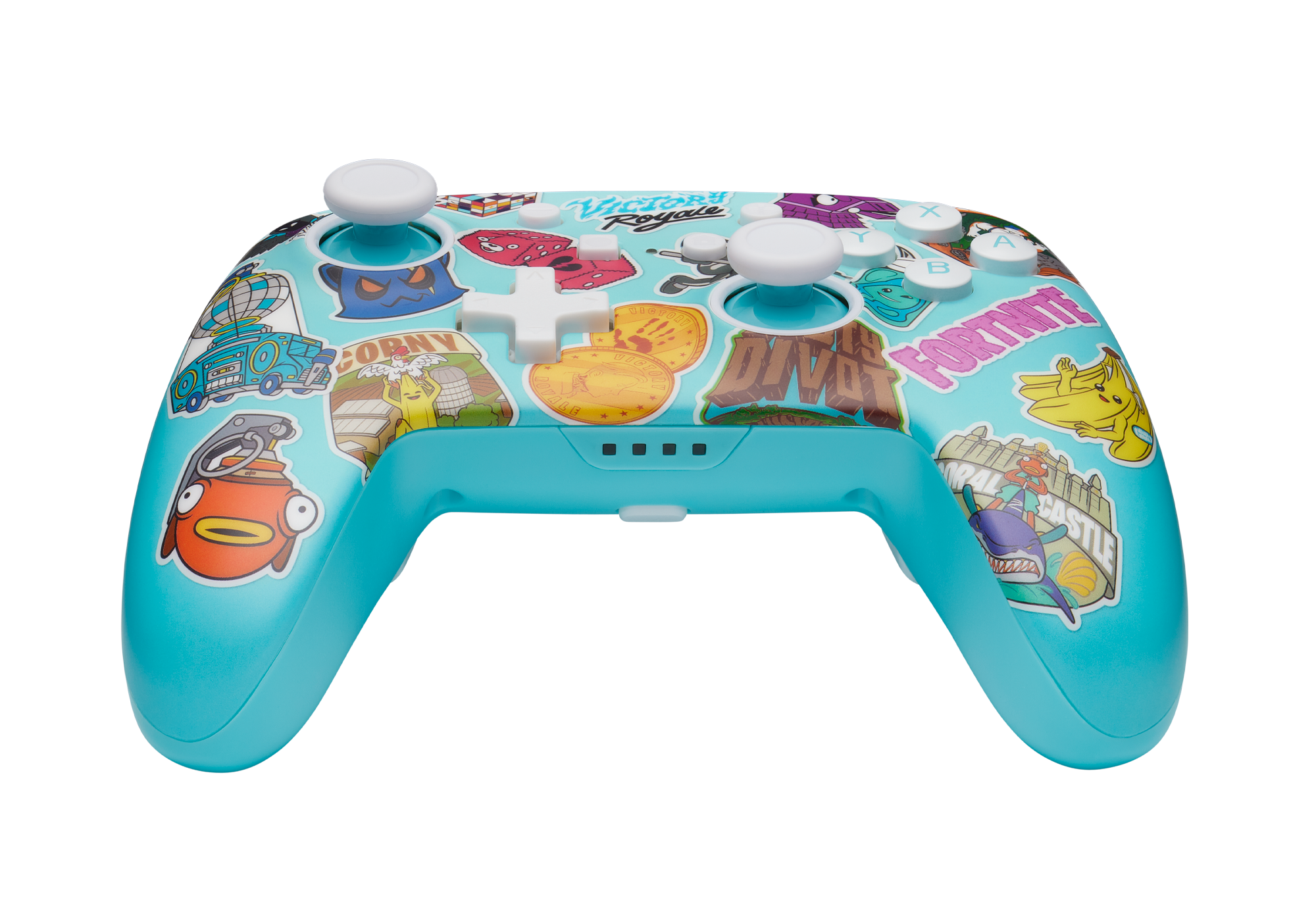 Ein blauer Gamecontroller mit bunten Aufklebern. Es hat weiße Joysticks und Knöpfe.