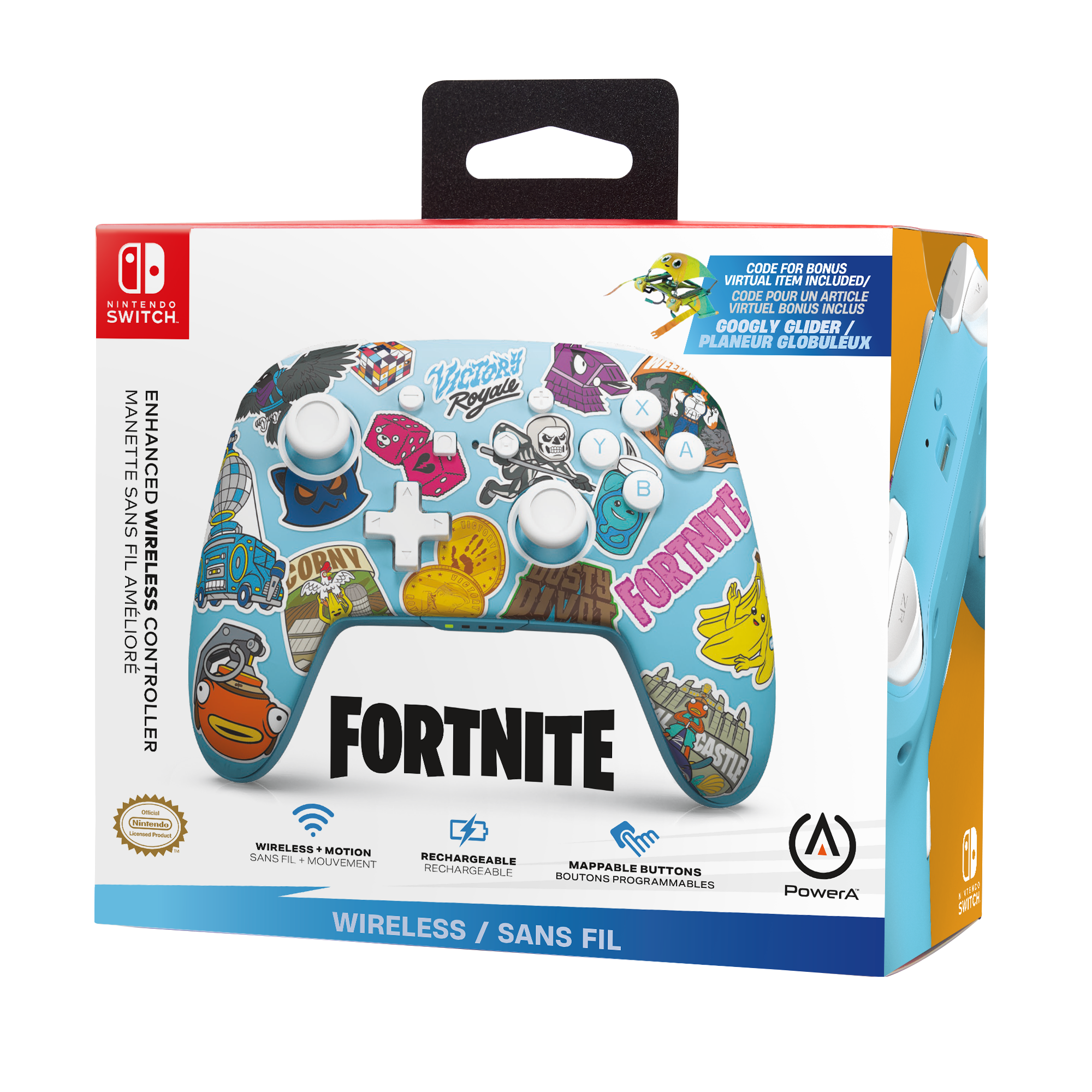 Ein hellblauer Fortnite-Gamecontroller mit einer Box.