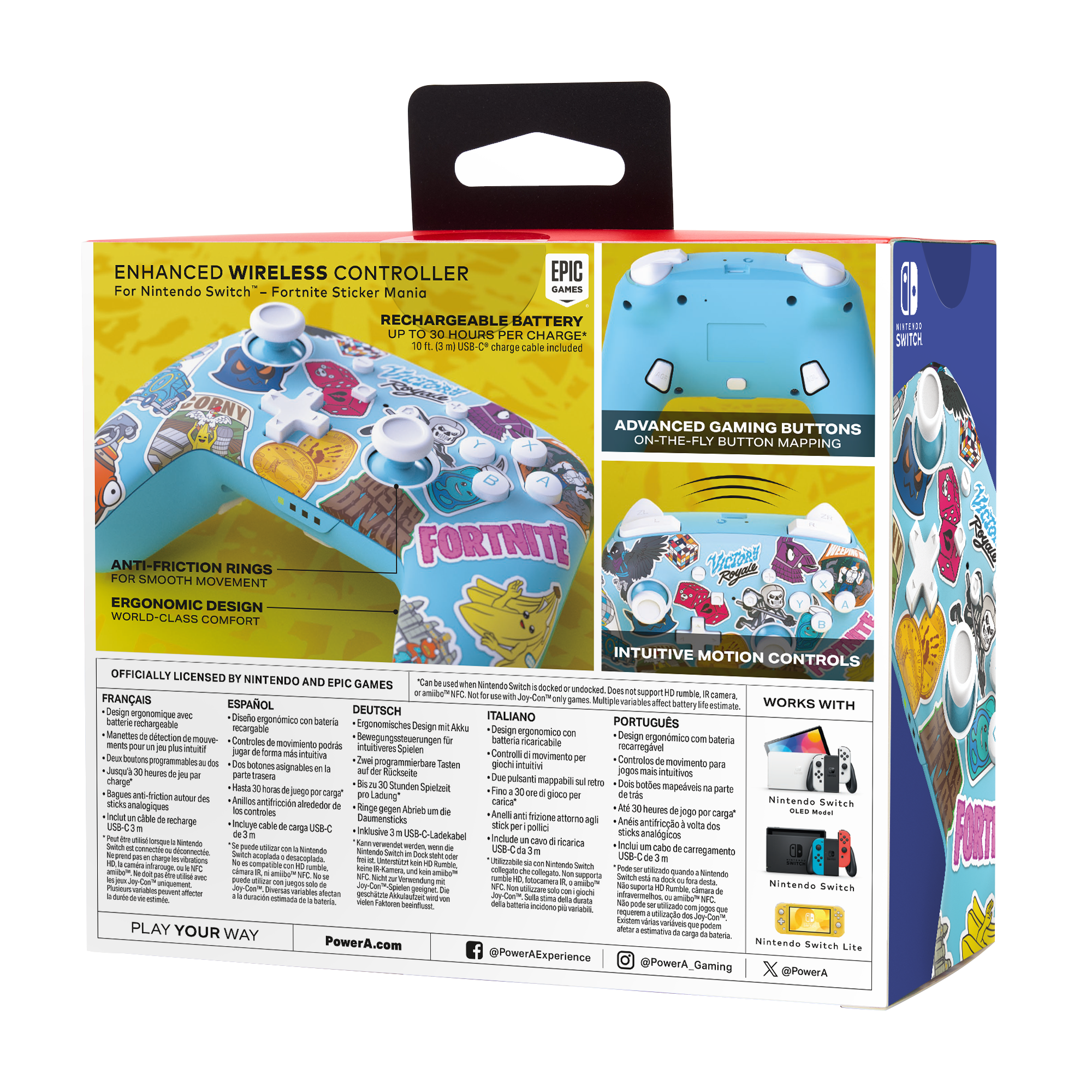 Box mit Fortnite-Controller und Text. Blaues und weißes Farbschema. Seitenansicht.