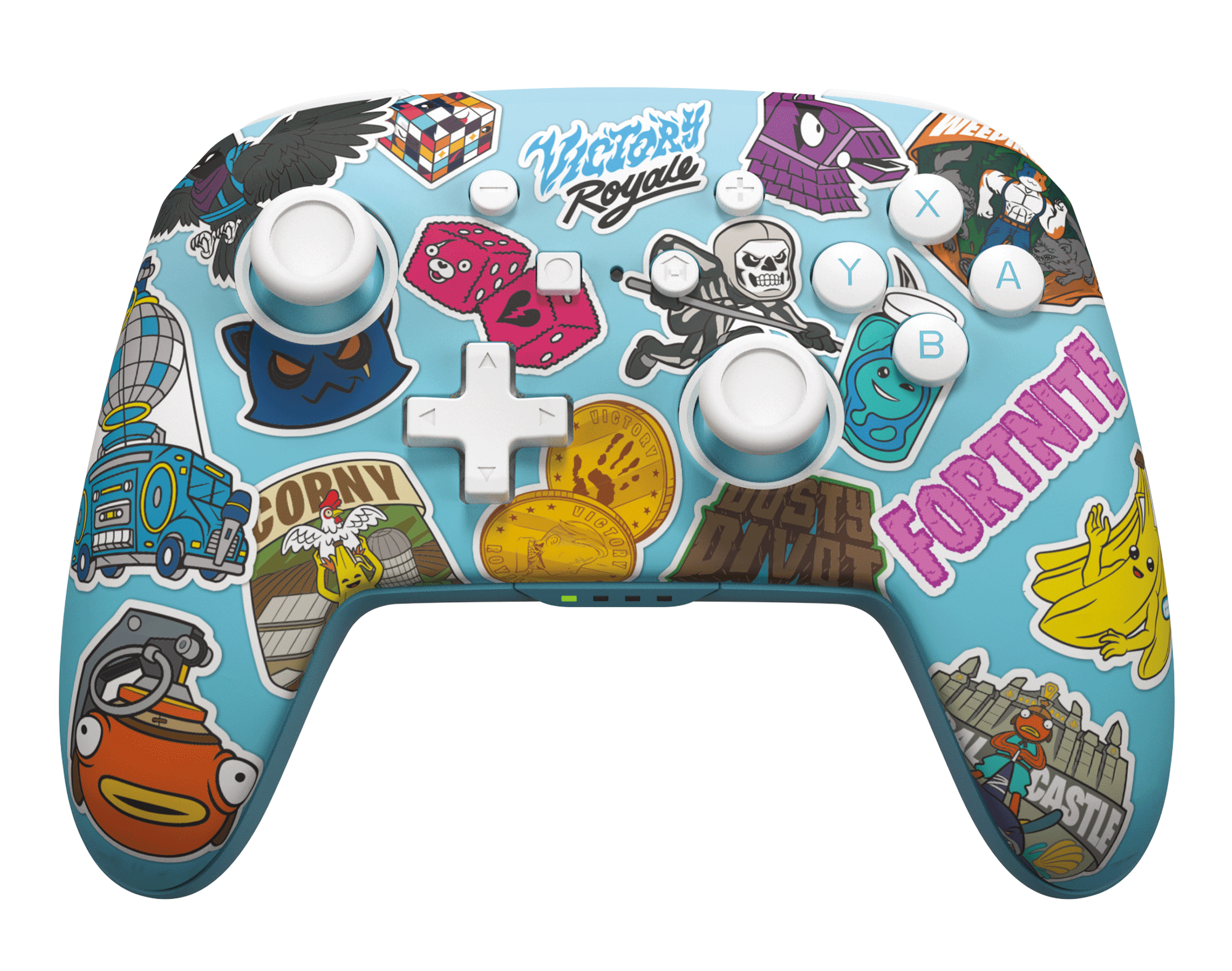 Blauer Fortnite-Controller. Verfügt über verschiedene Spielaufkleber und weiße Knöpfe.