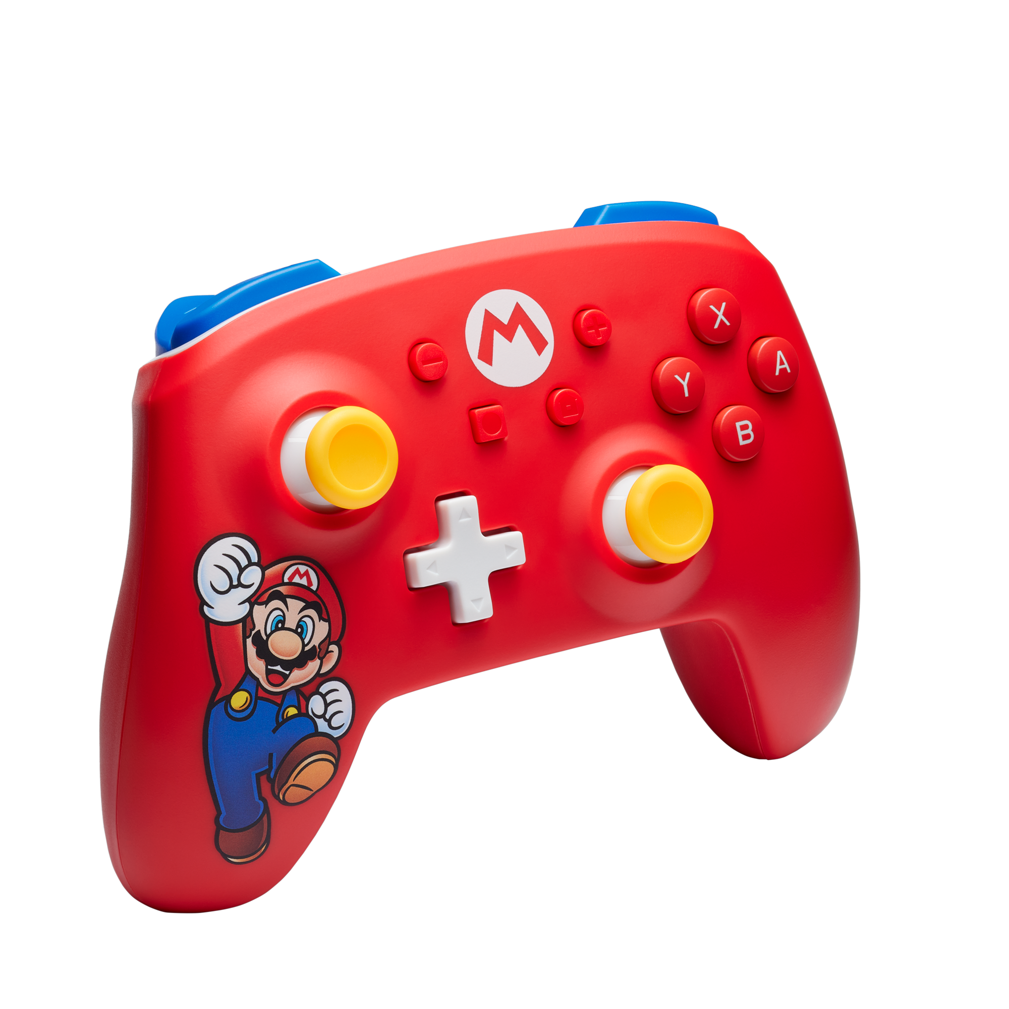 Roter Nintendo Switch-Controller mit Mario. Knöpfe in Gelb, Weiß und Blau.