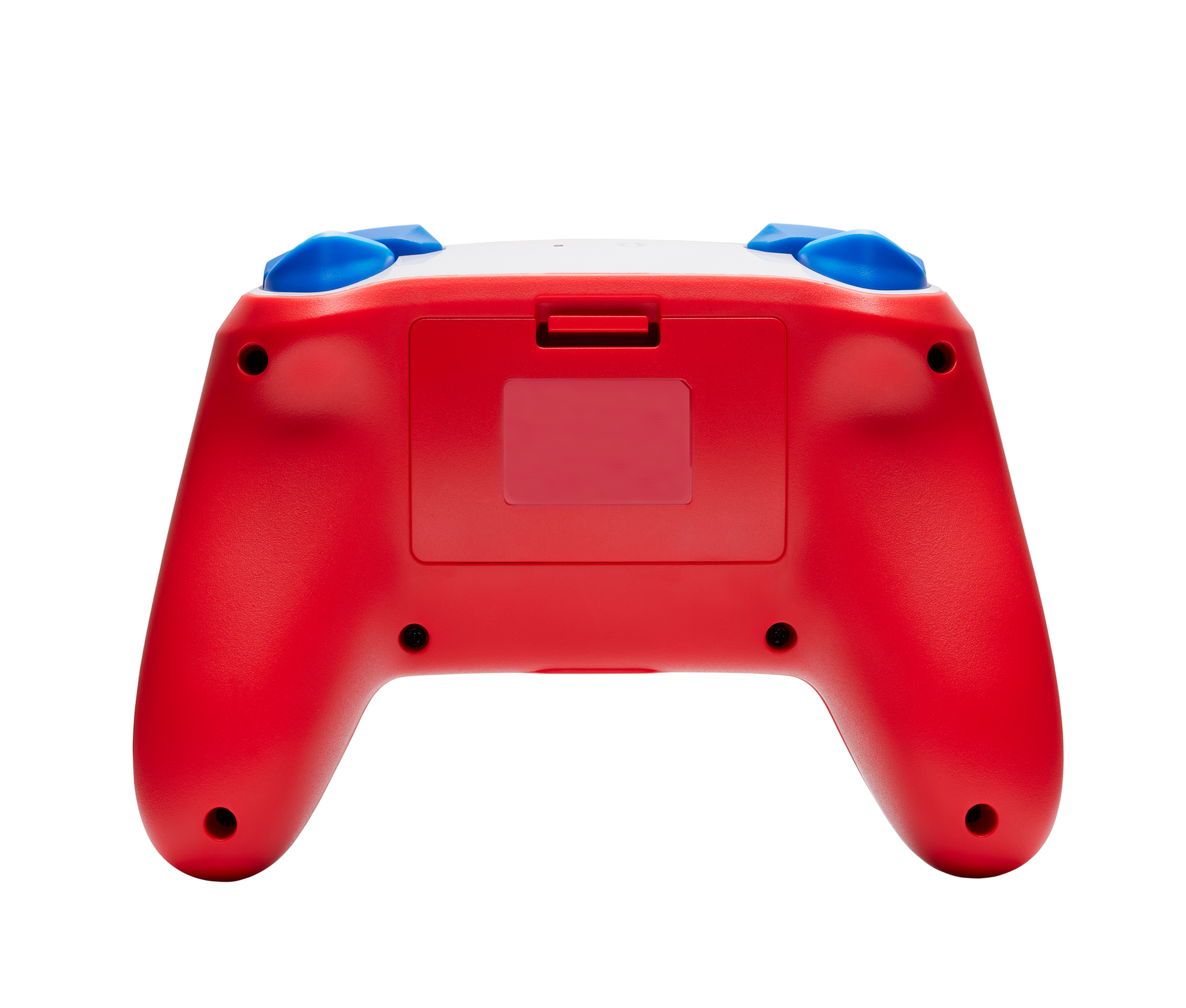 Die rote Rückseite eines Gamepads mit blauen Knöpfen und einem Batteriefach.