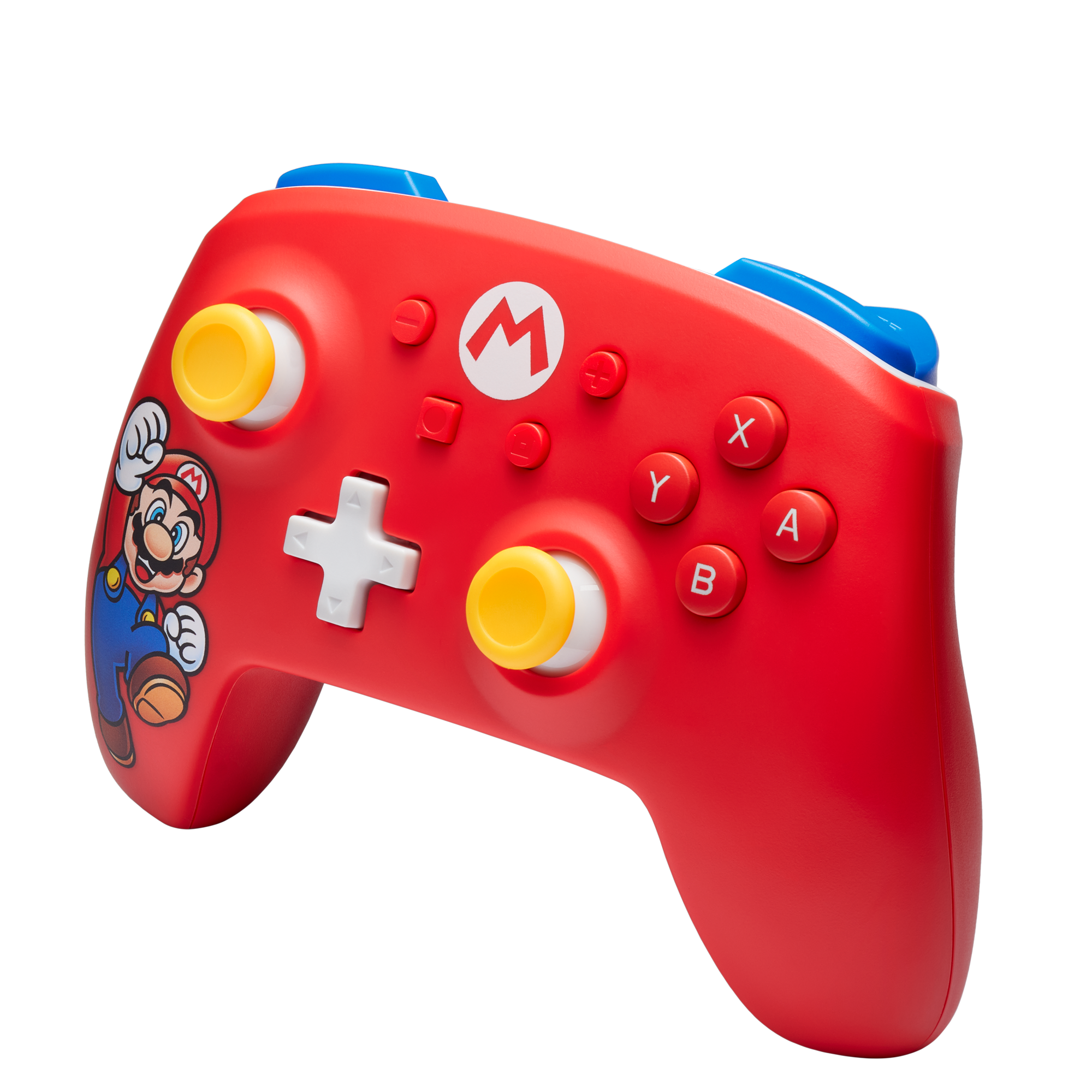 Ein roter Nintendo Switch Pro Controller mit Mario und gelben Knöpfen.
