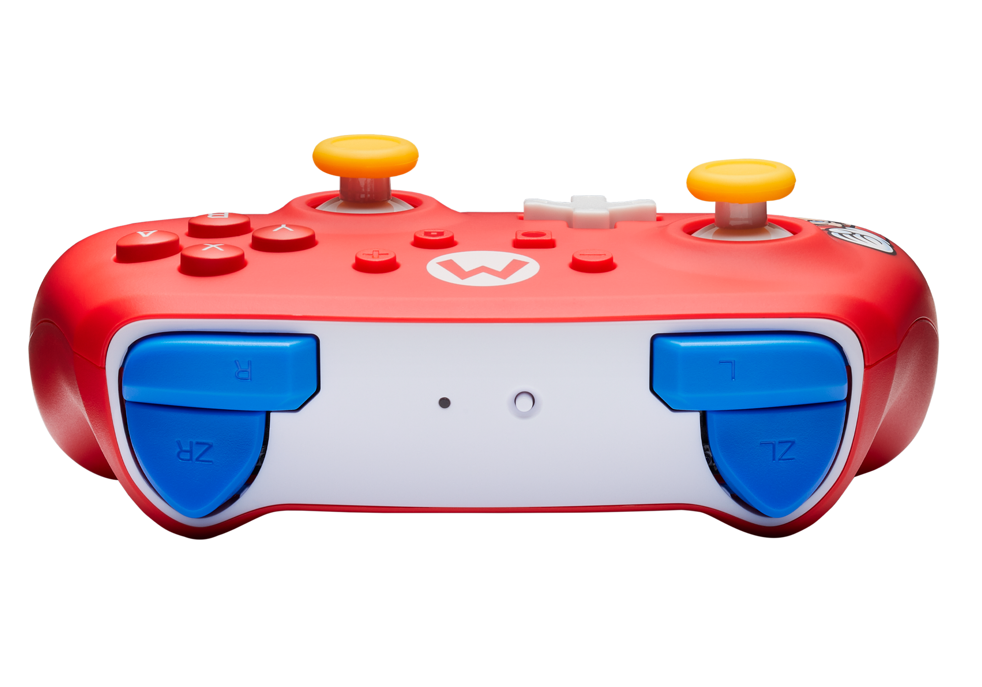 Roter Nintendo Switch-Controller. Gelbe Joysticks. Blaue, rote Knöpfe. Schwarzer Hintergrund.