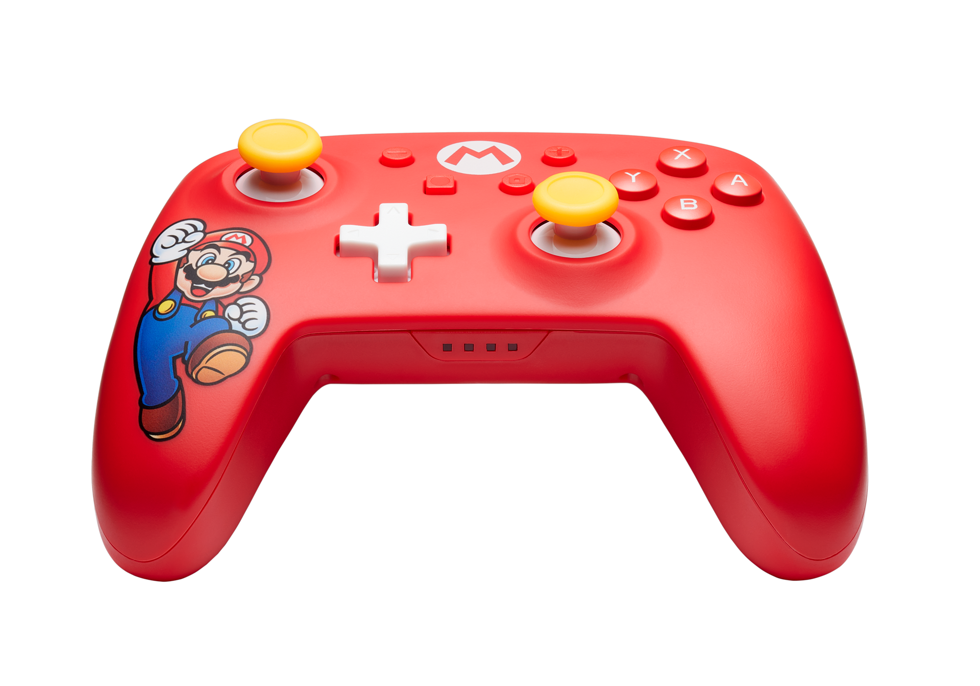 Roter Nintendo Switch Controller mit Mario, gelben Joysticks und roten Knöpfen.