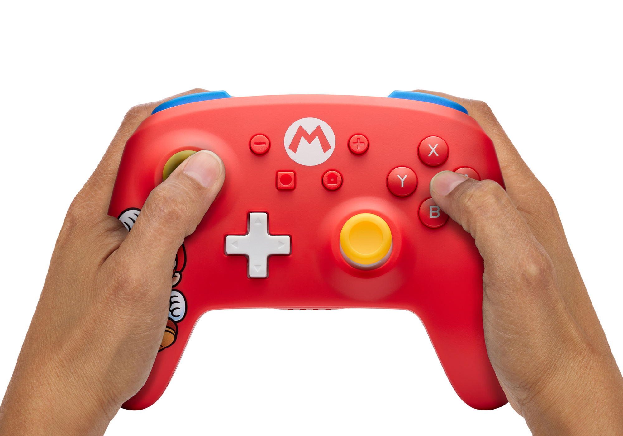 Ein roter Nintendo-Controller mit weißem Pluszeichen, gelbem Joystick und farbigen Knöpfen.