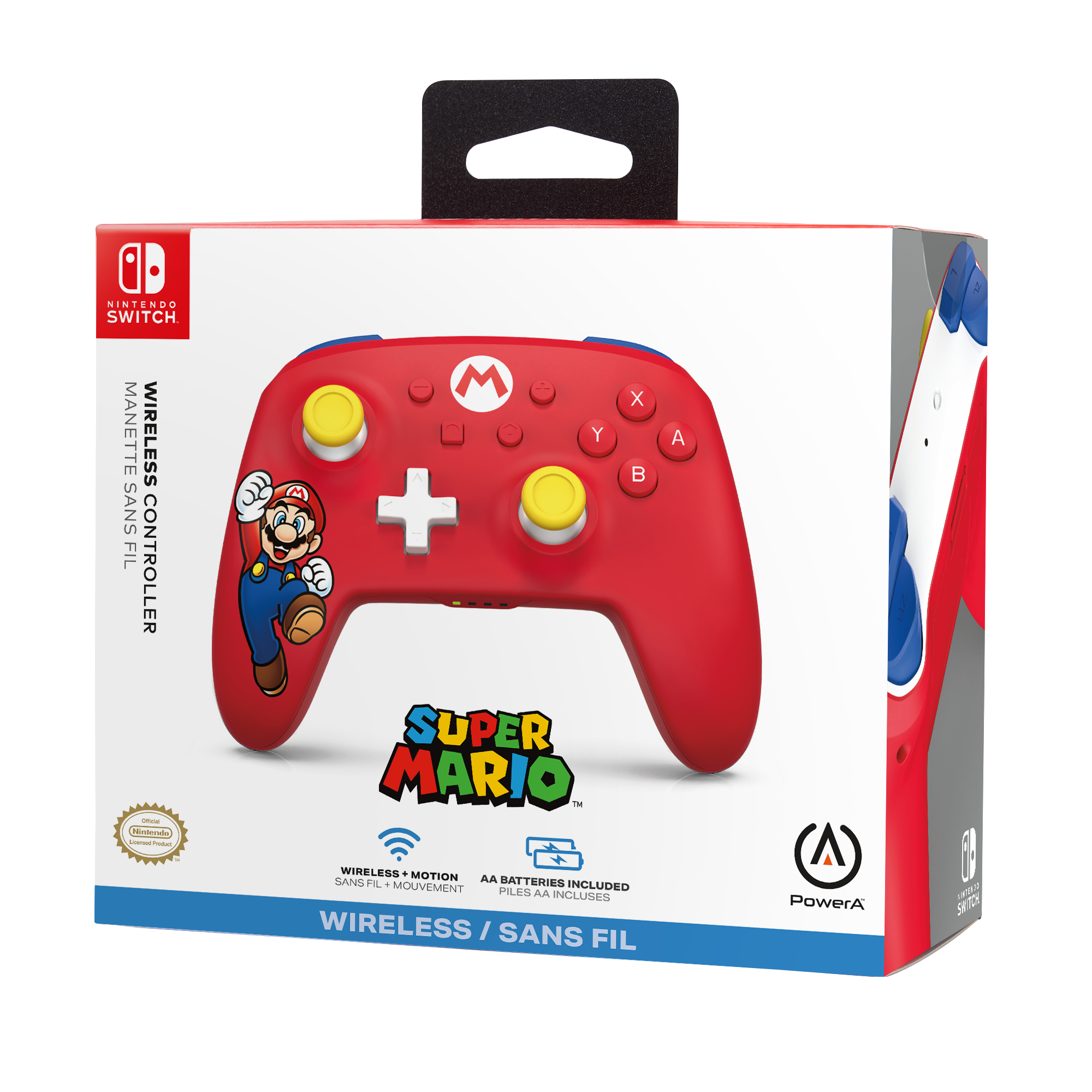 Roter Nintendo Switch Controller mit Super Mario Logo auf der Box.