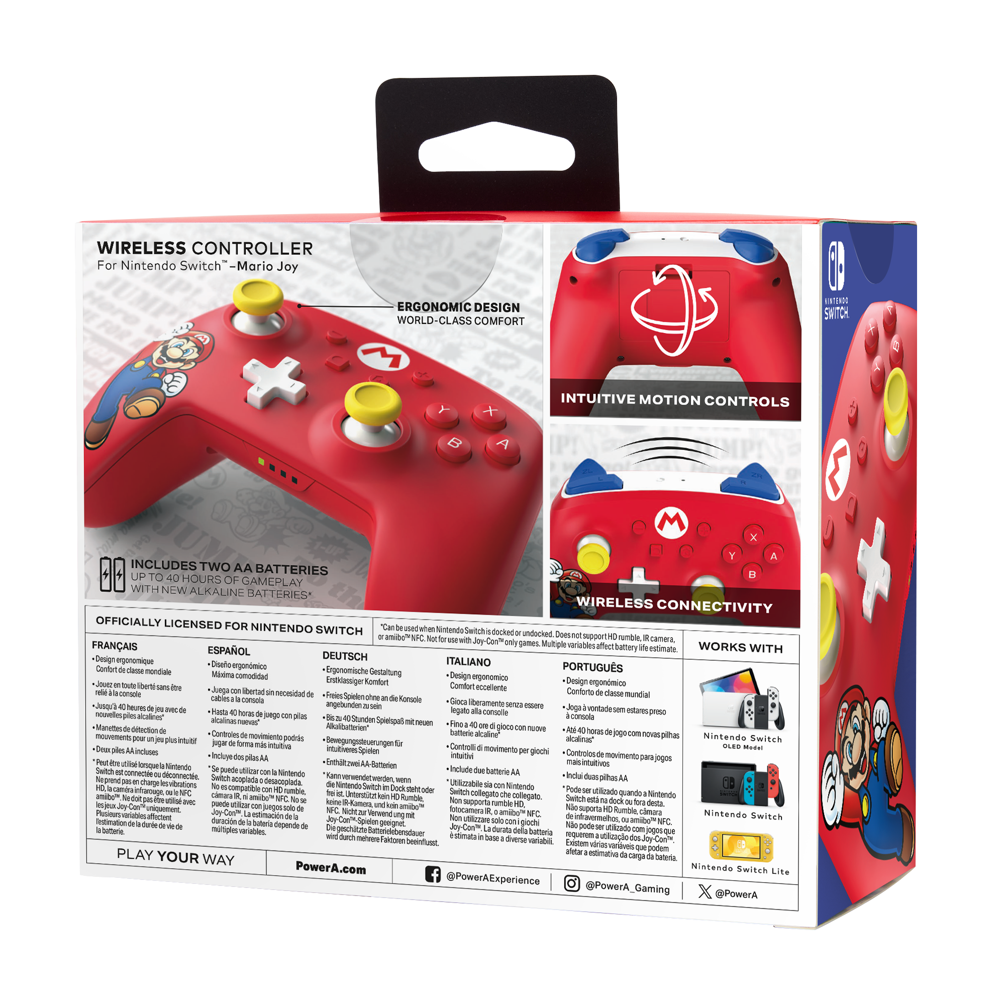 Nintendo Switch Controller-Box. Rotes Controller-Bild mit Text. Text enthält Produktdetails und Logos.