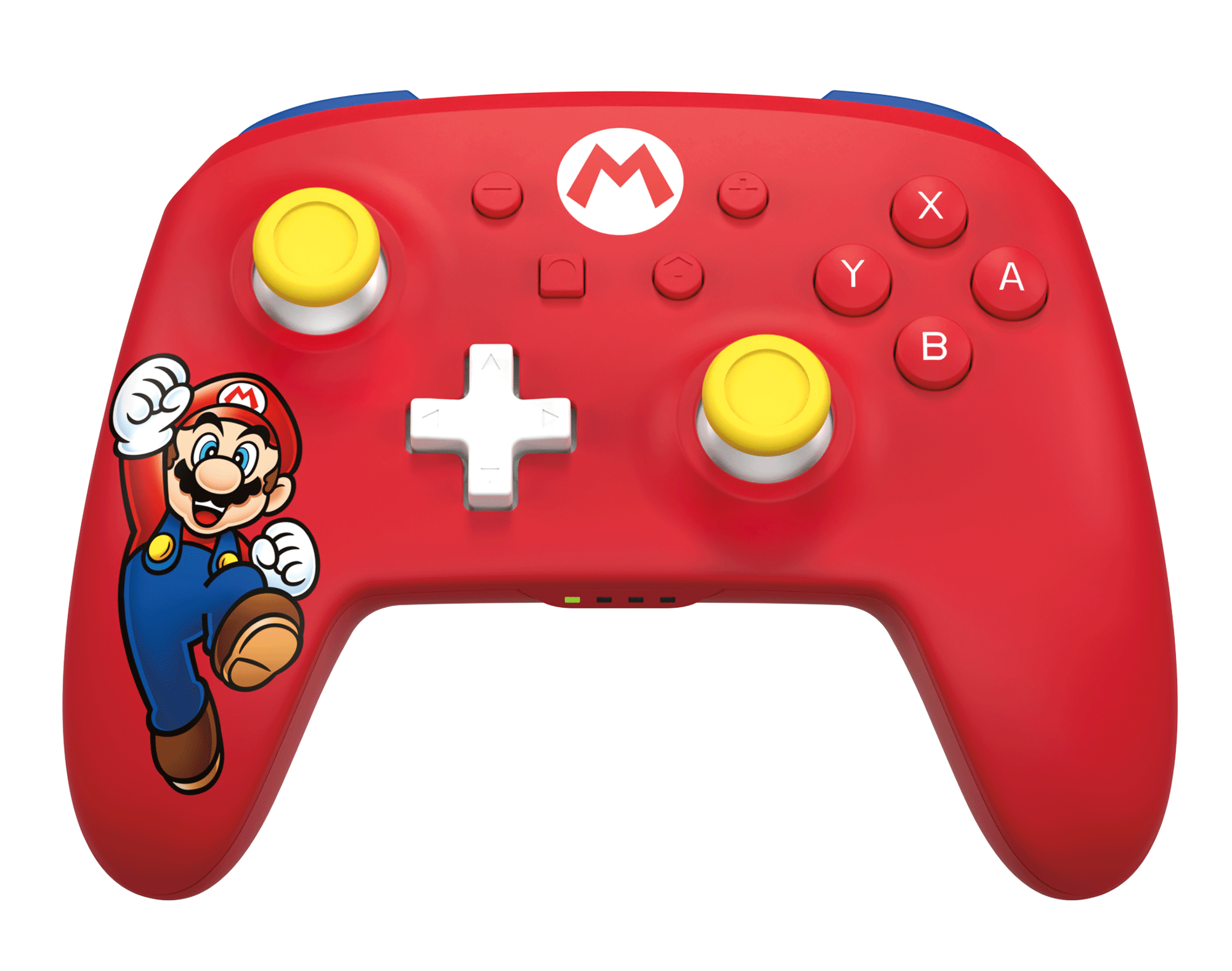 Roter Nintendo Switch-Controller mit Mario-Bild, gelben Joysticks und Knöpfen.