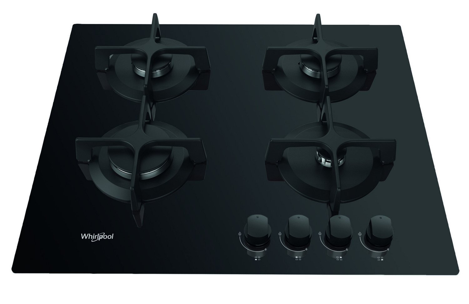 Una placa de cocina de vidrio negro con cuatro quemadores y mandos.