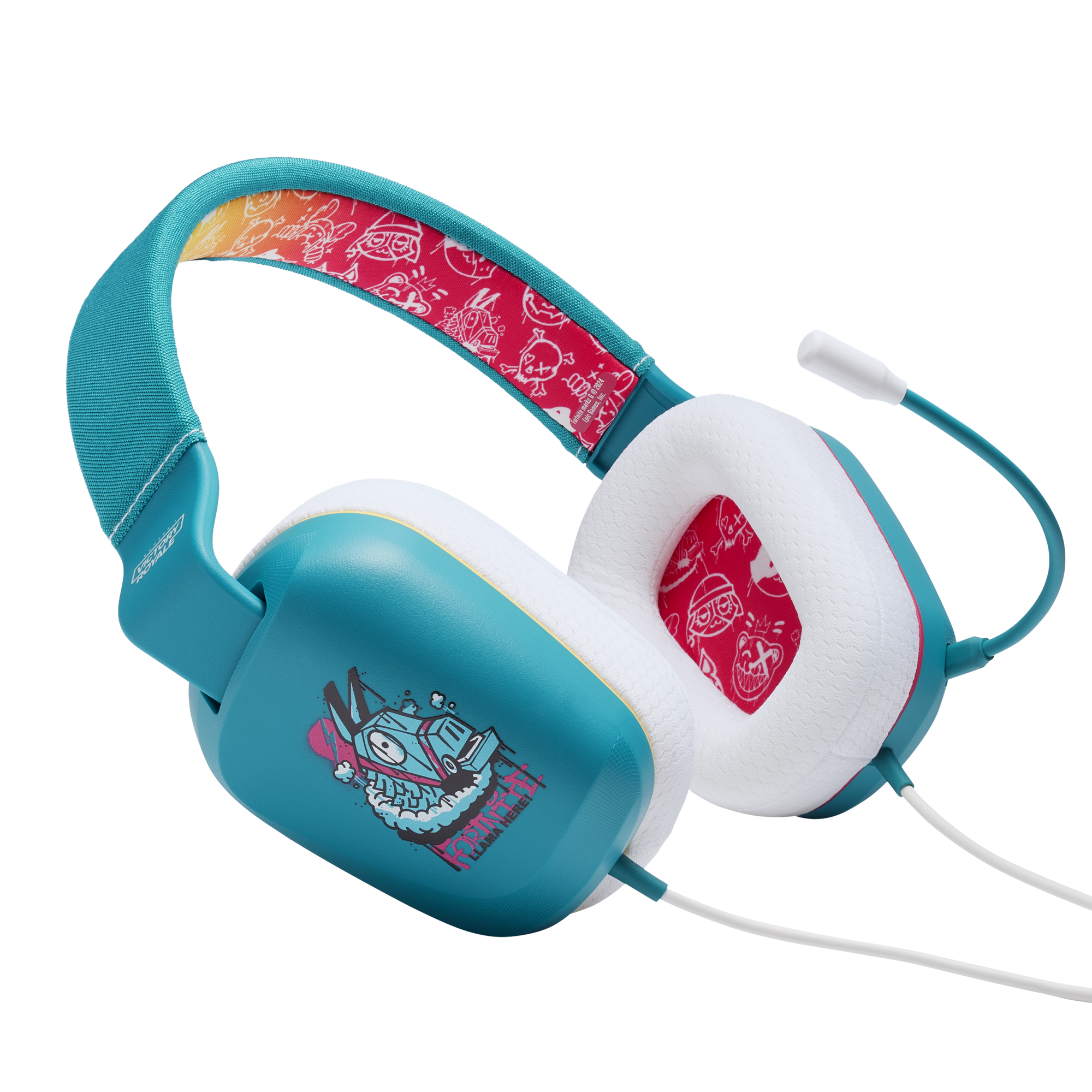 Türkis-weiße Kopfhörer mit Mikrofon. Die Ohrmuscheln haben bunte Designs.