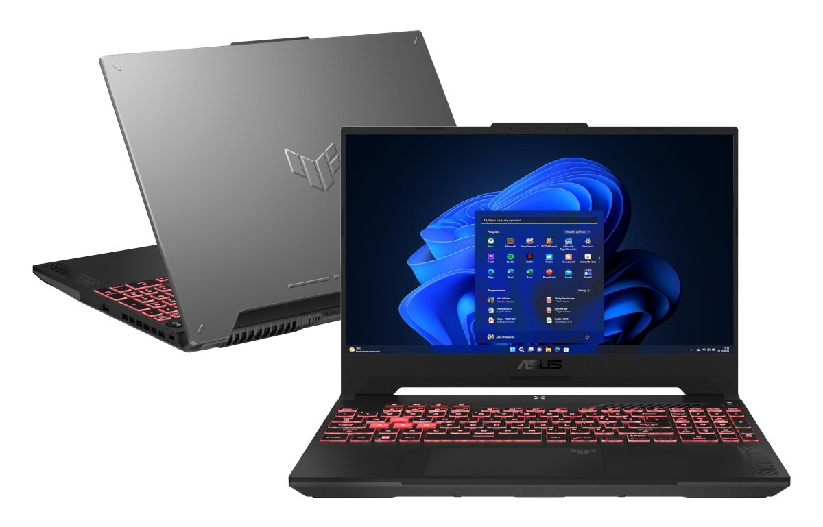 Dwa laptopy, otwarte i zamknięte. Szara obudowa z czerwonym podświetleniem klawiatury.