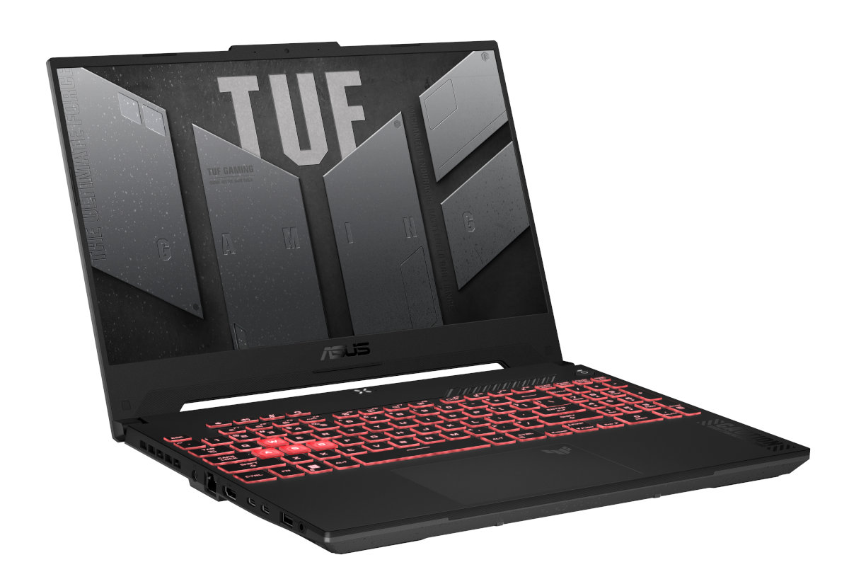 Czarny laptop z czerwonym podświetlanym klawiaturą, otwarty na białej powierzchni. Marka ASUS TUF Gaming.
