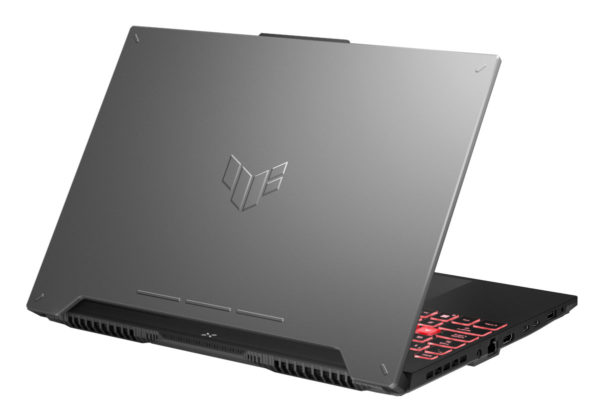 Widok z tyłu szarego laptopa z logo i podświetlaną na czerwono klawiaturą na białym tle.