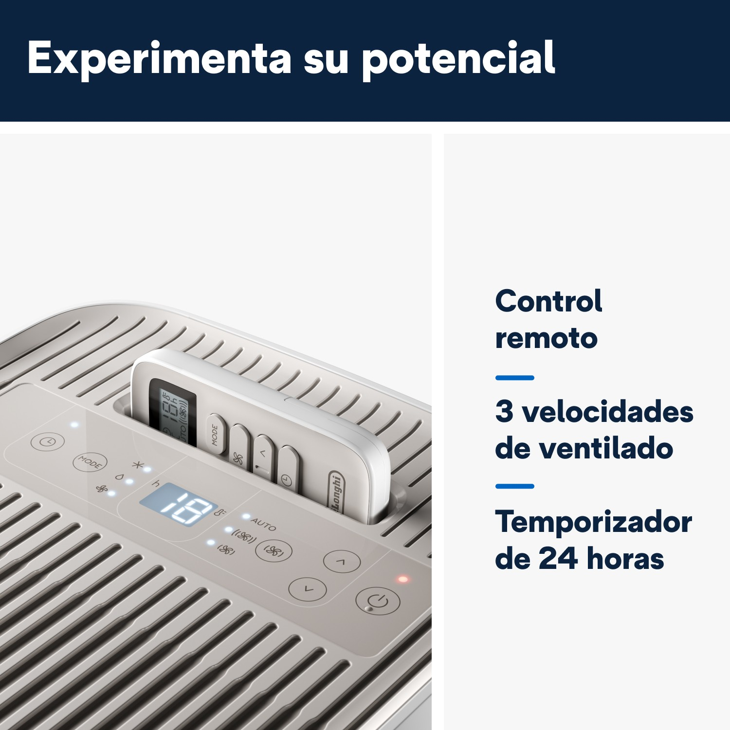 Un producto con panel de control y texto. Muestra un objeto blanco con un panel de control.